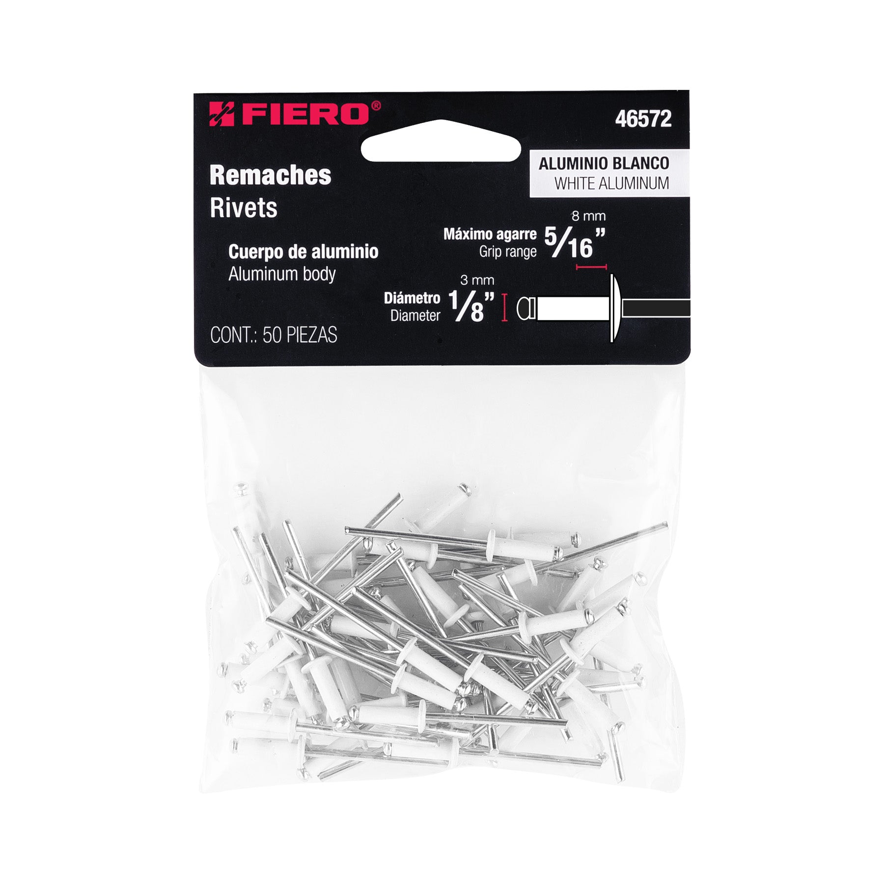 Bolsa c/50 remaches 1/8"x5/16" blancos de aluminio, ala 1/4"