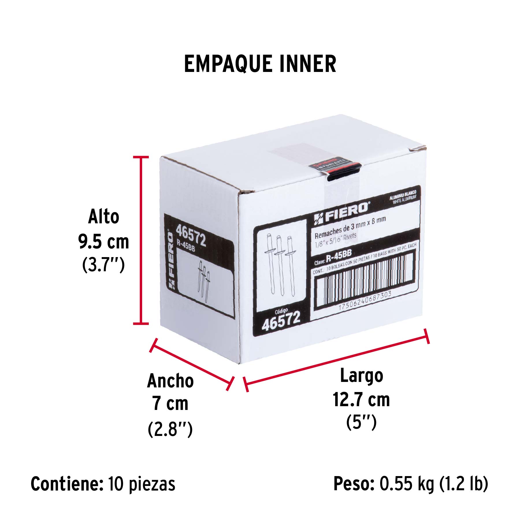 Bolsa c/50 remaches 1/8"x5/16" blancos de aluminio, ala 1/4" - Empaque