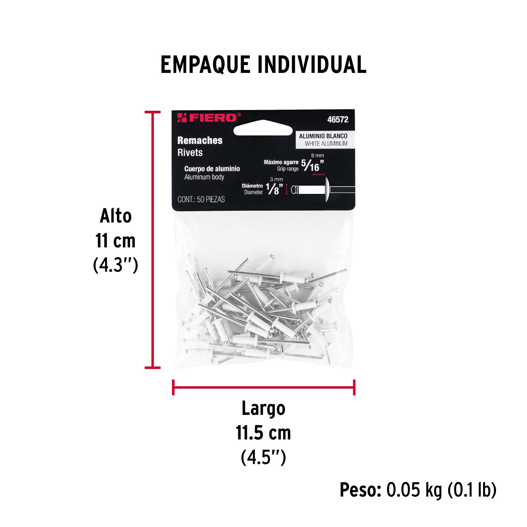 Bolsa c/50 remaches 1/8"x5/16" blancos de aluminio, ala 1/4" - Empaque