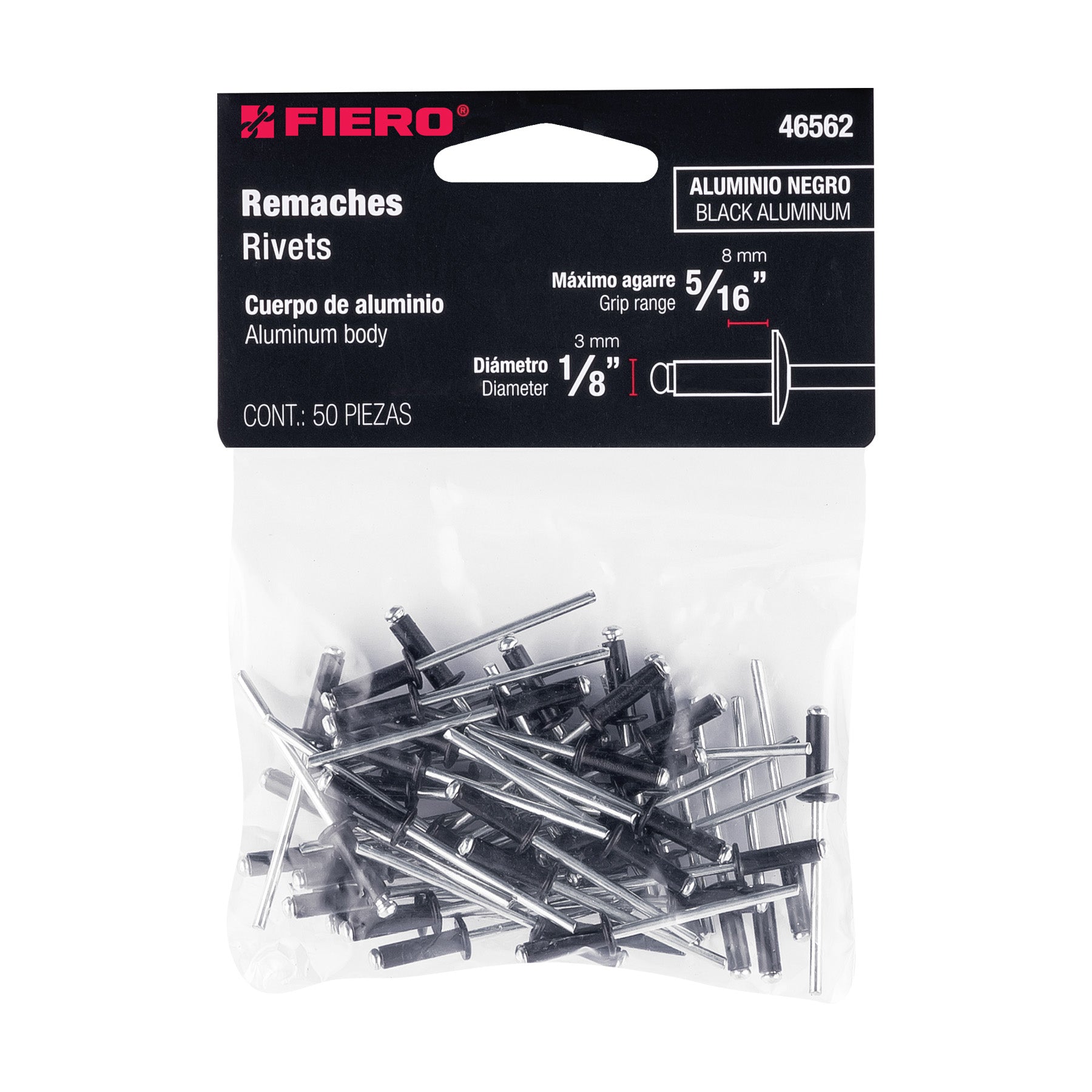 Bolsa c/50 remaches 1/8"x5/16" negros de aluminio, ala 1/4"