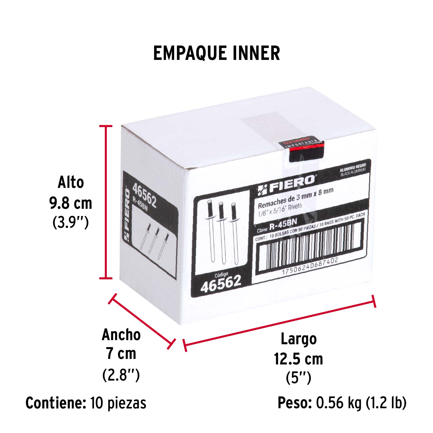 Bolsa c/50 remaches 1/8"x5/16" negros de aluminio, ala 1/4" - Empaque