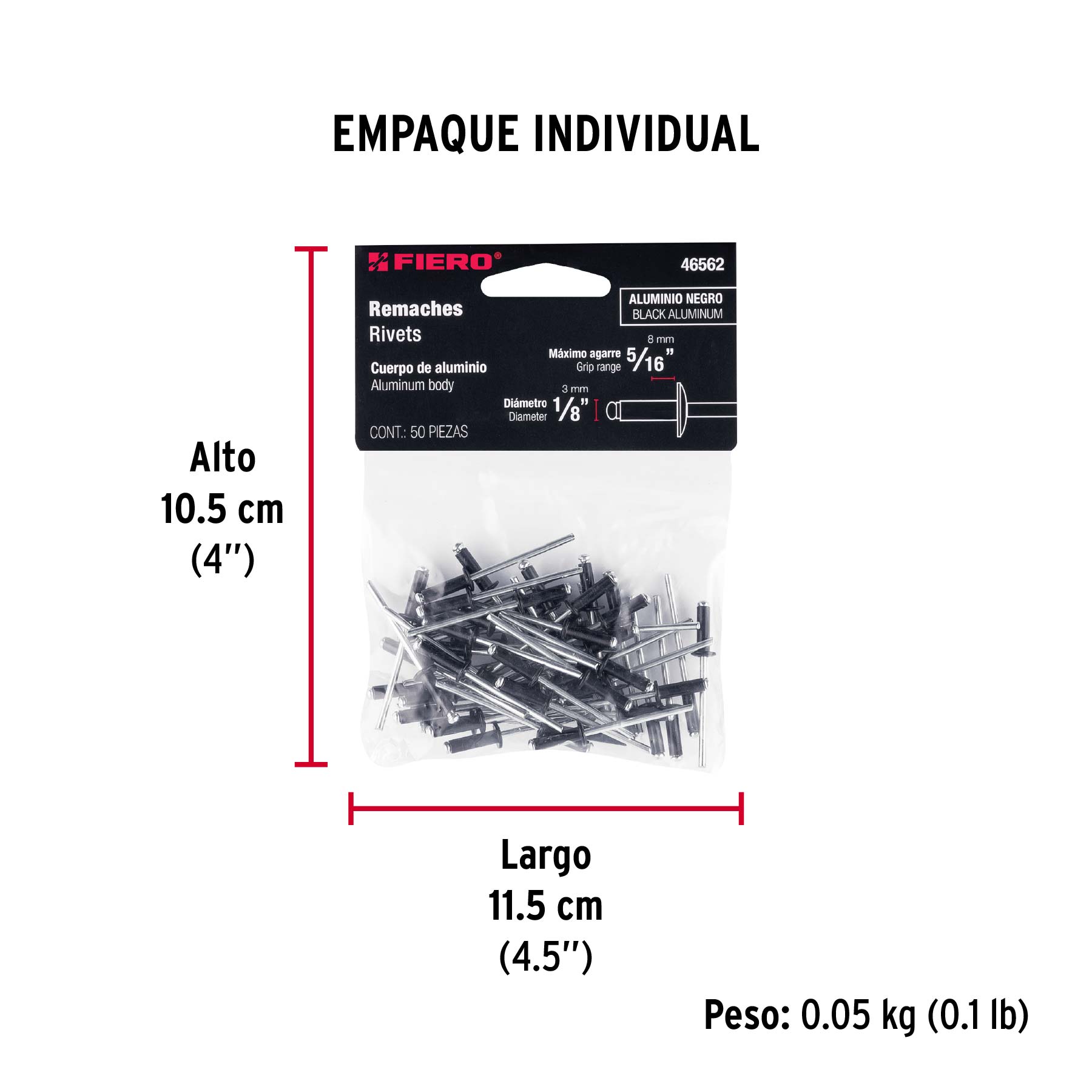 Bolsa c/50 remaches 1/8"x5/16" negros de aluminio, ala 1/4" - Empaque