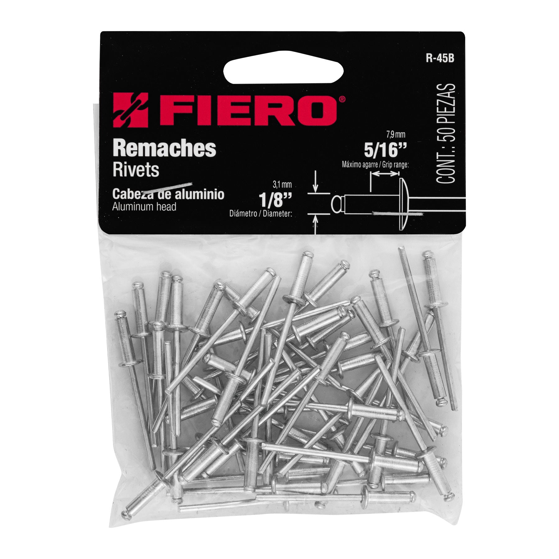 Bolsa con 50 remaches 1/8" x 5/16" de aluminio, ala 1/4"