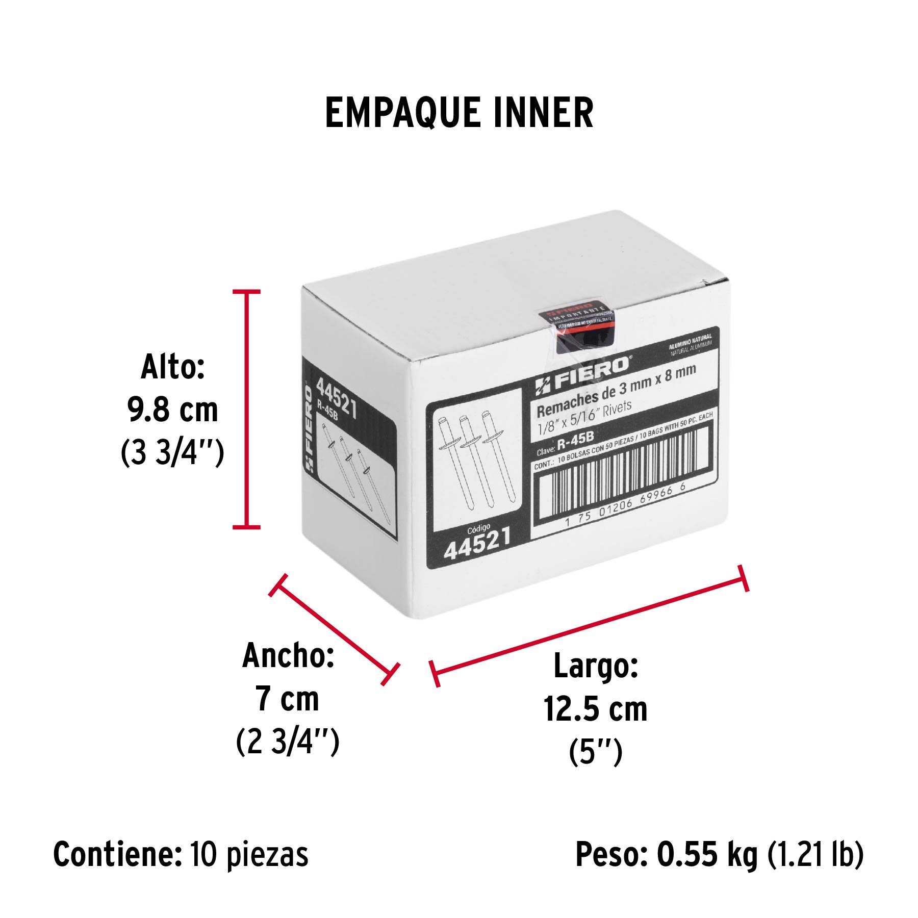 Bolsa con 50 remaches 1/8" x 5/16" de aluminio, ala 1/4" - Empaque