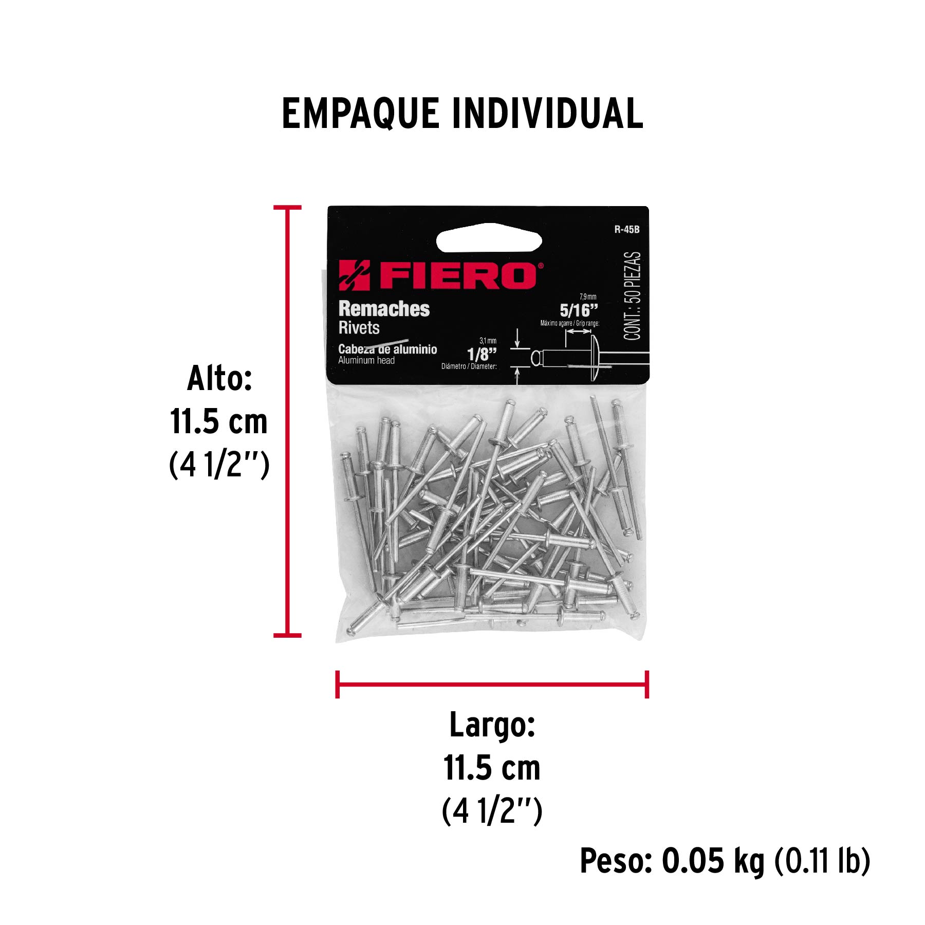Bolsa con 50 remaches 1/8" x 5/16" de aluminio, ala 1/4" - Empaque