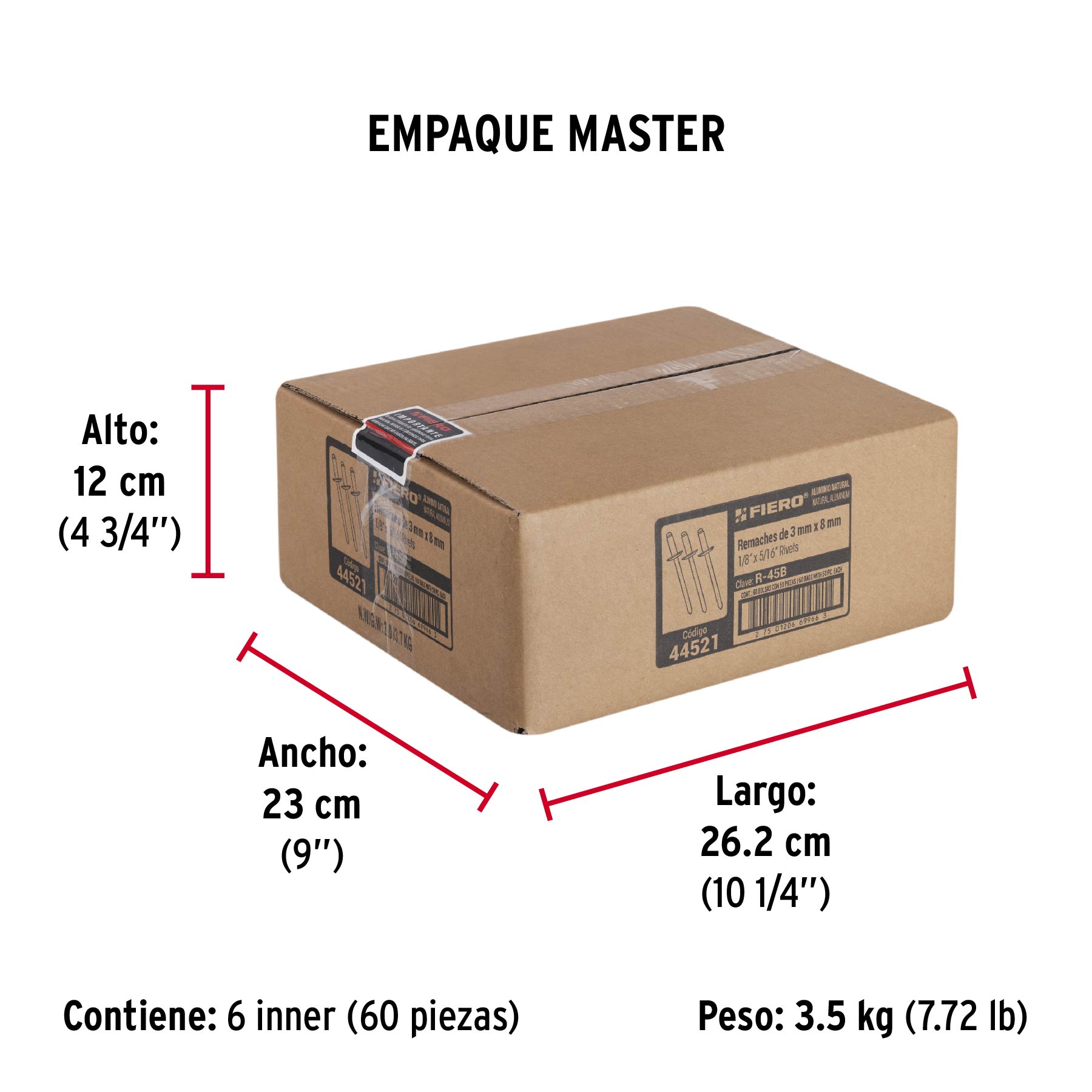 Bolsa con 50 remaches 1/8" x 5/16" de aluminio, ala 1/4" - Empaque