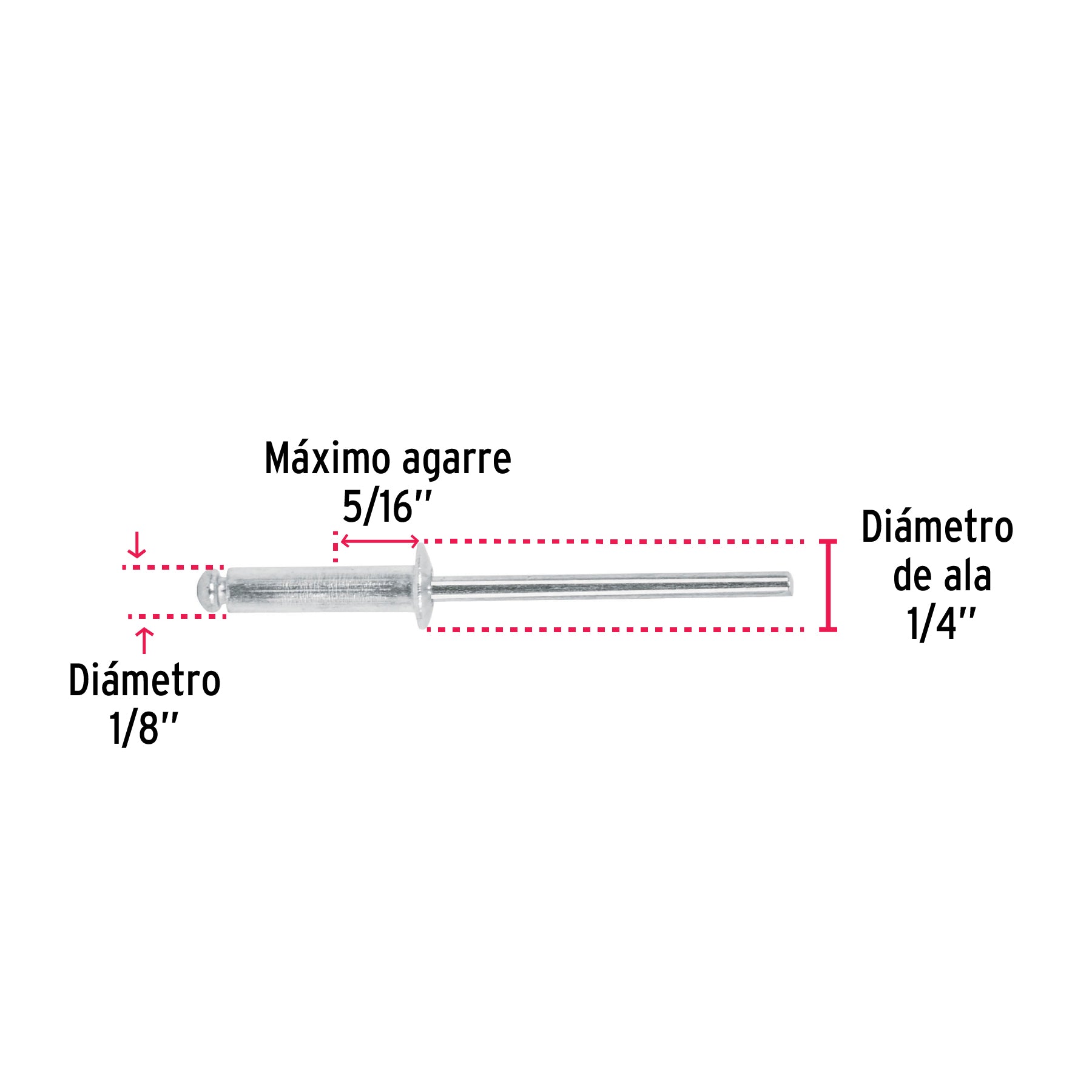 Bolsa con 50 remaches 1/8" x 5/16" de aluminio, ala 1/4"