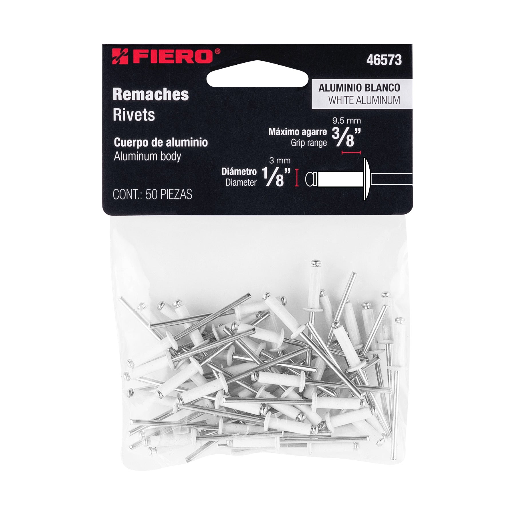 Bolsa c/50 remaches 1/8"x3/8" blancos de aluminio, ala 1/4"