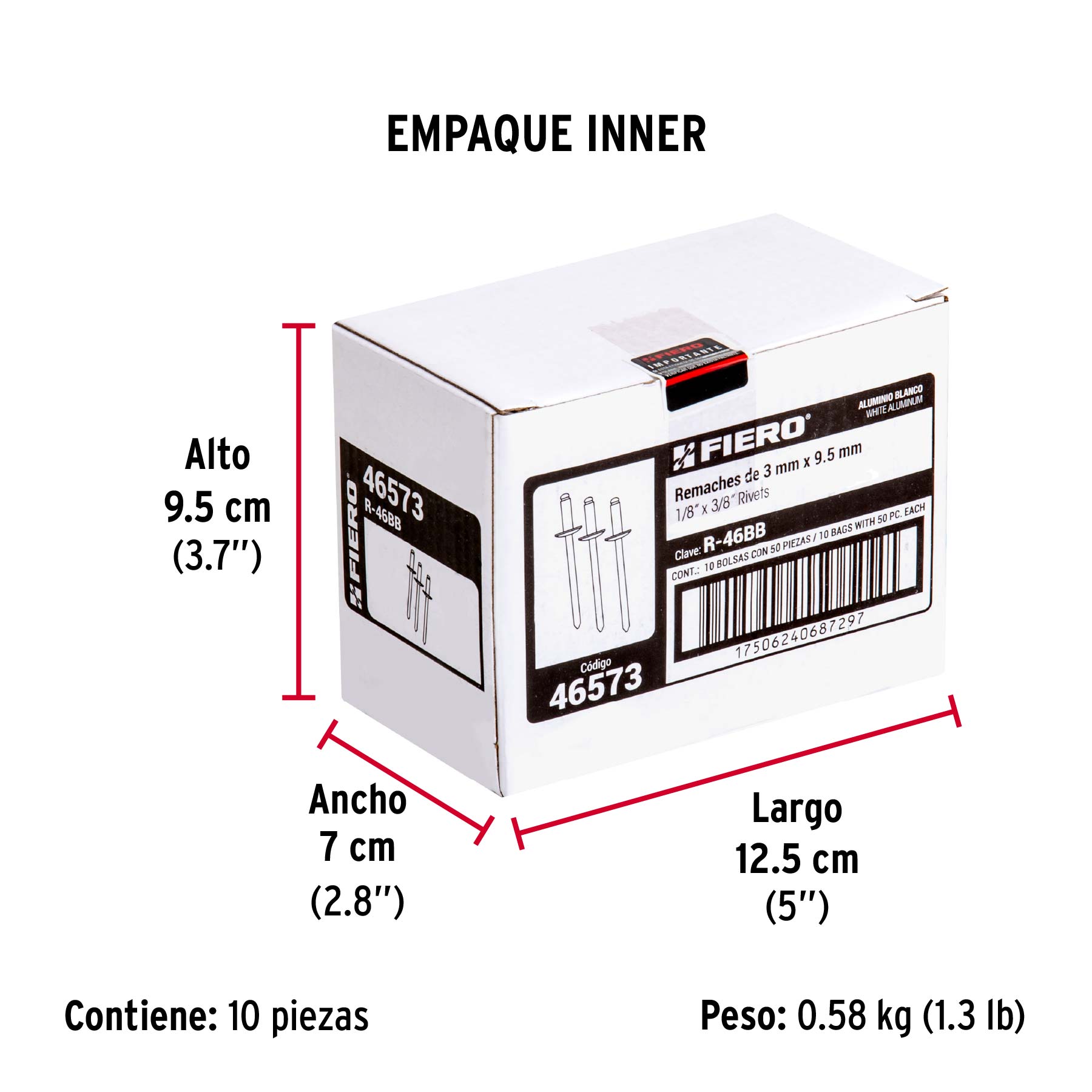 Bolsa c/50 remaches 1/8"x3/8" blancos de aluminio, ala 1/4" - Empaque