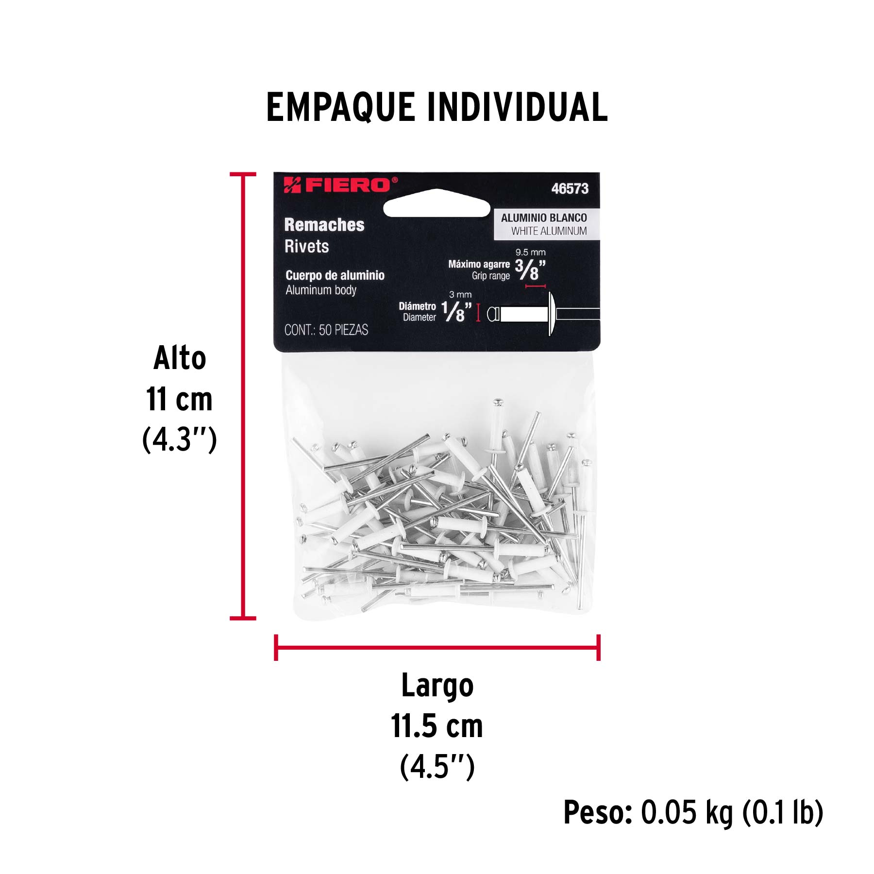 Bolsa c/50 remaches 1/8"x3/8" blancos de aluminio, ala 1/4" - Empaque