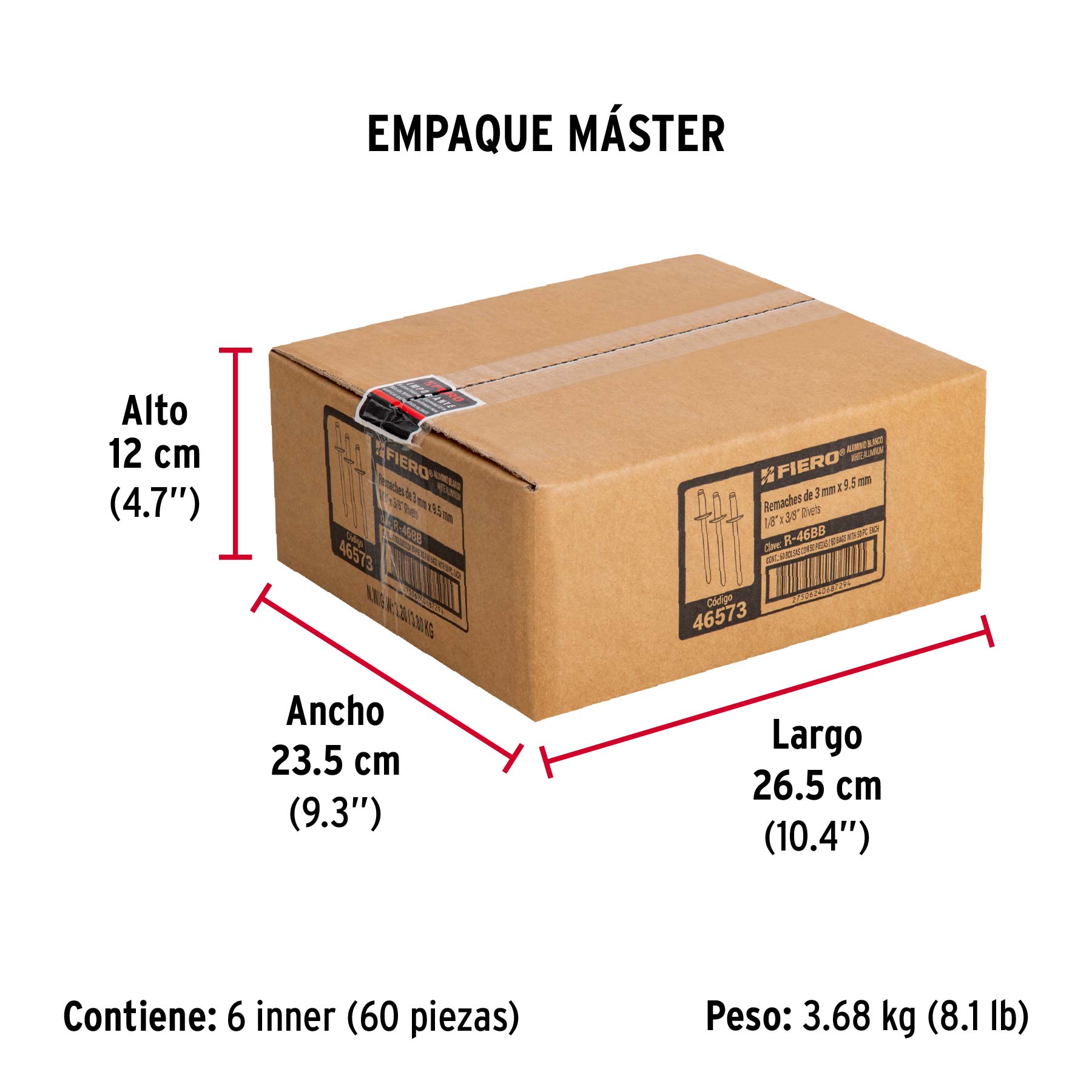 Bolsa c/50 remaches 1/8"x3/8" blancos de aluminio, ala 1/4" - Empaque