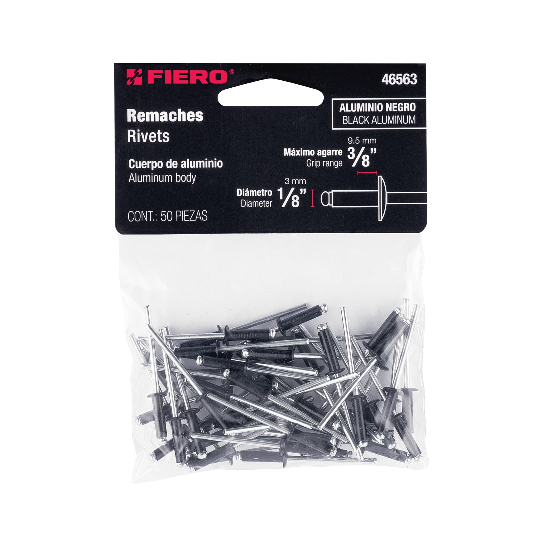 Bolsa c/50 remaches 1/8"x3/8" negros de aluminio, ala 1/4"