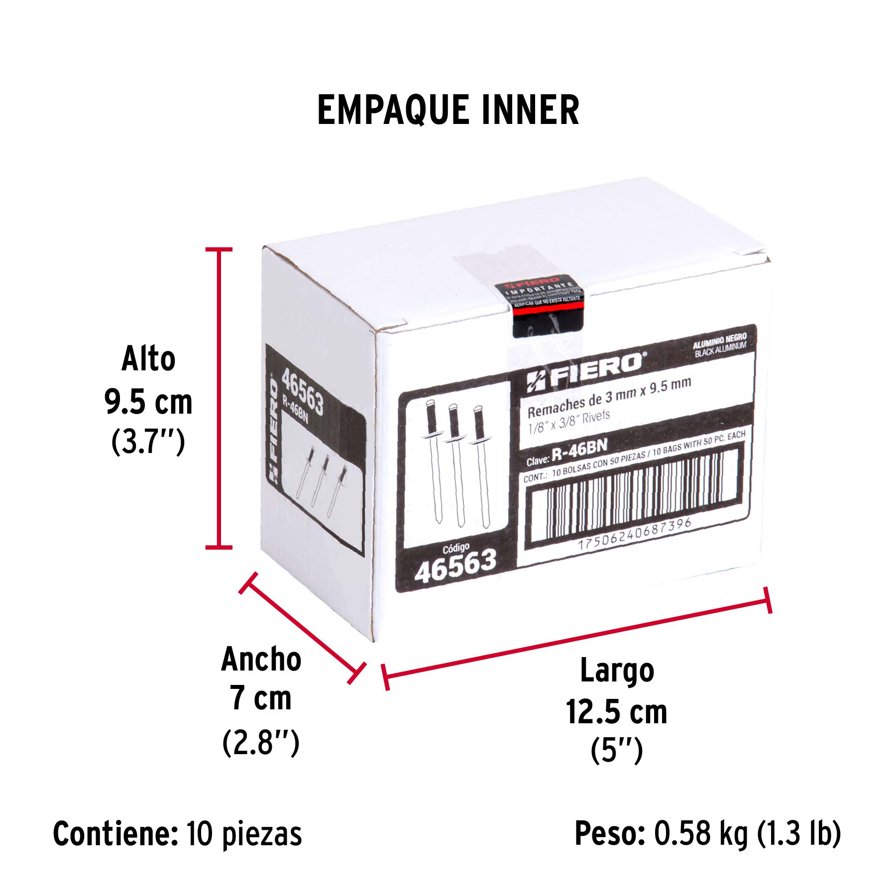 Bolsa c/50 remaches 1/8"x3/8" negros de aluminio, ala 1/4" - Empaque