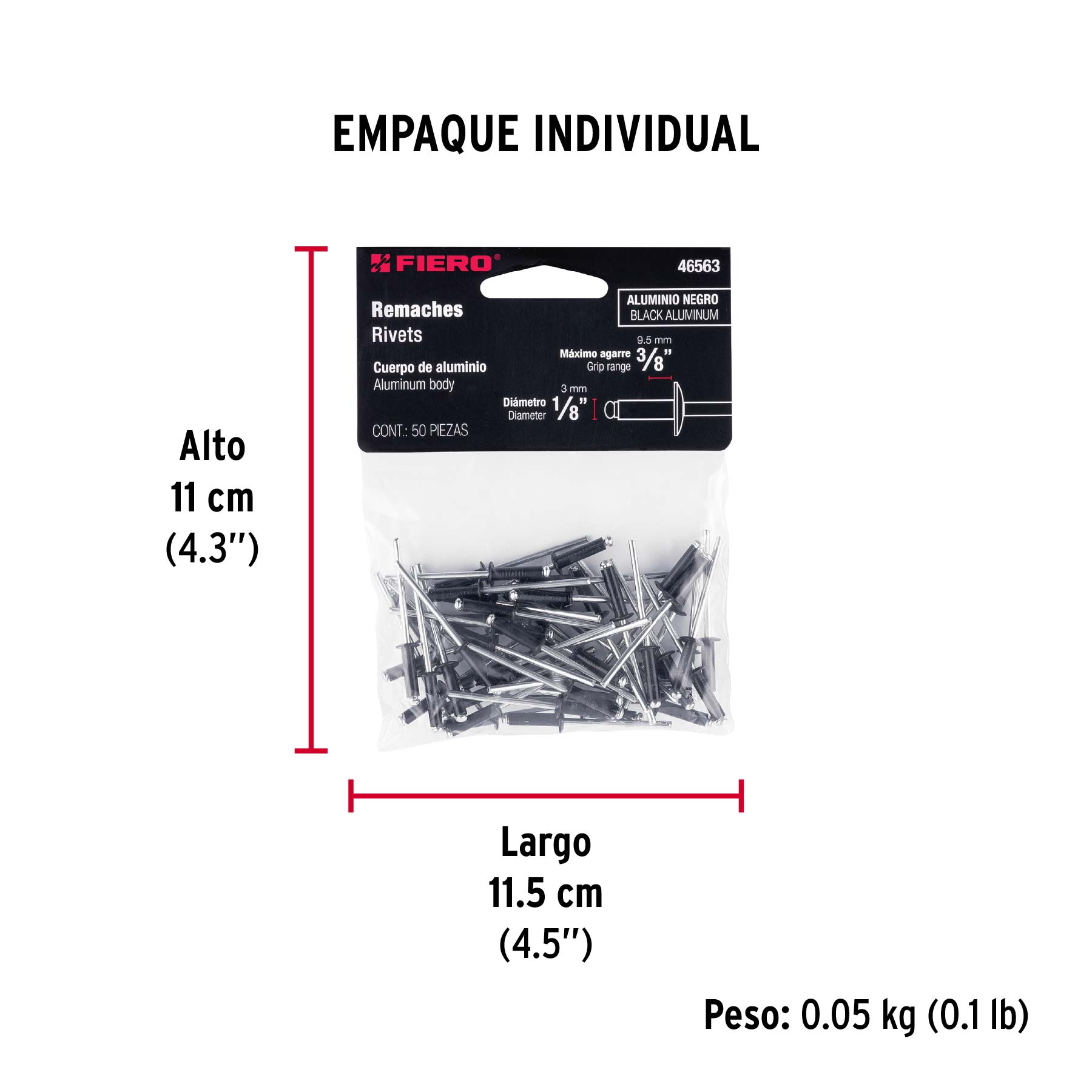 Bolsa c/50 remaches 1/8"x3/8" negros de aluminio, ala 1/4" - Empaque