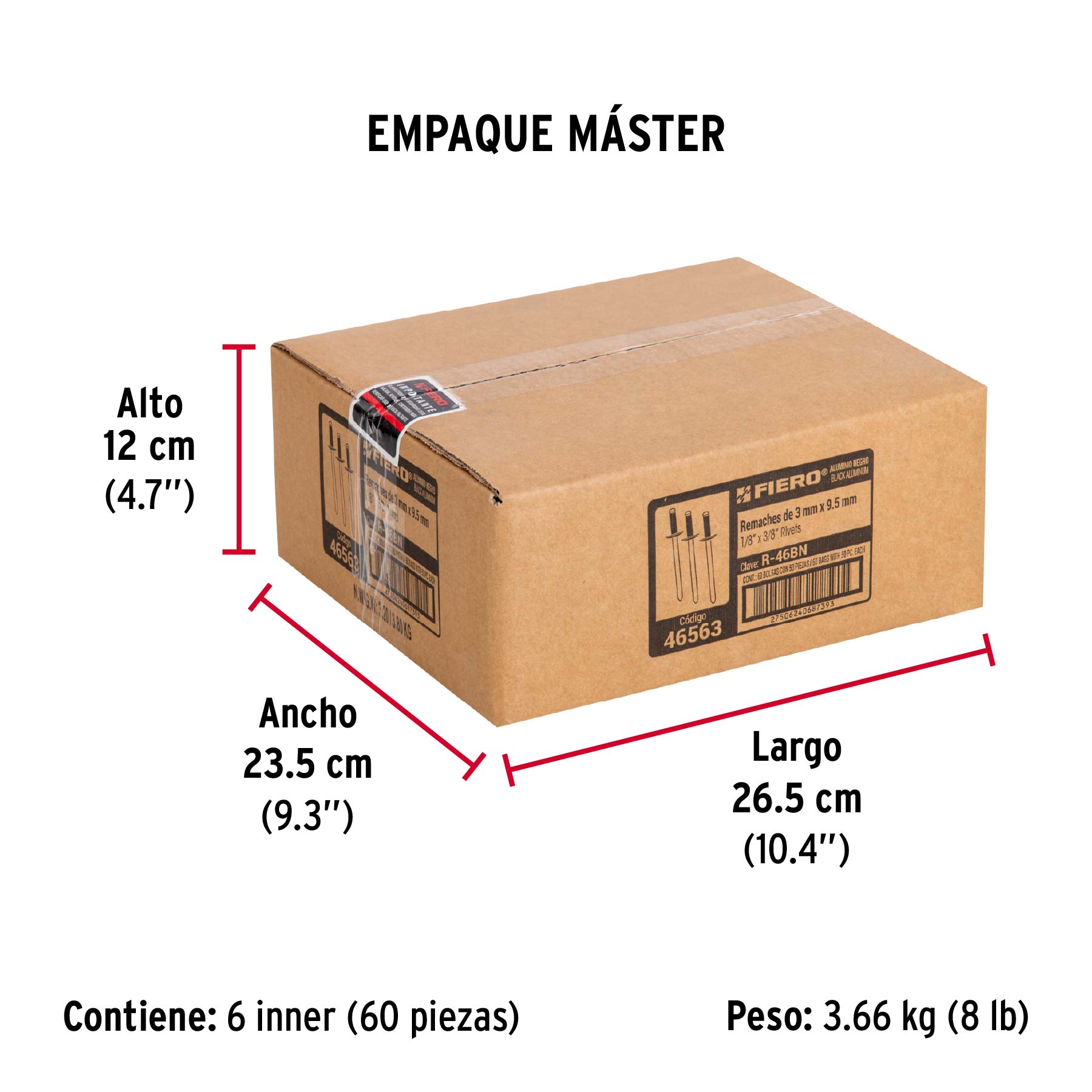 Bolsa c/50 remaches 1/8"x3/8" negros de aluminio, ala 1/4" - Empaque
