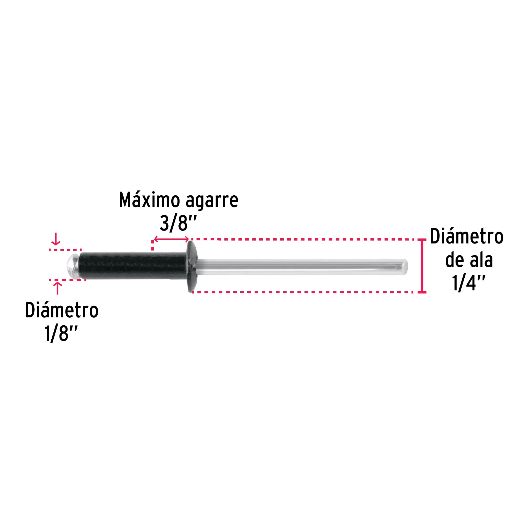 Bolsa c/50 remaches 1/8"x3/8" negros de aluminio, ala 1/4"