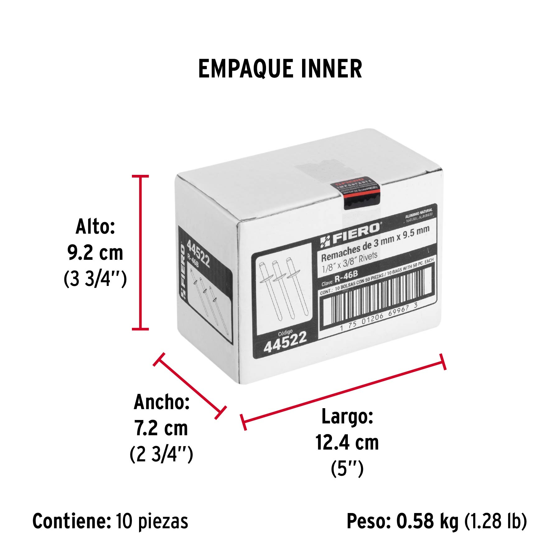 Bolsa con 50 remaches 1/8" x 3/8" de aluminio, ala 1/4 - Empaque
