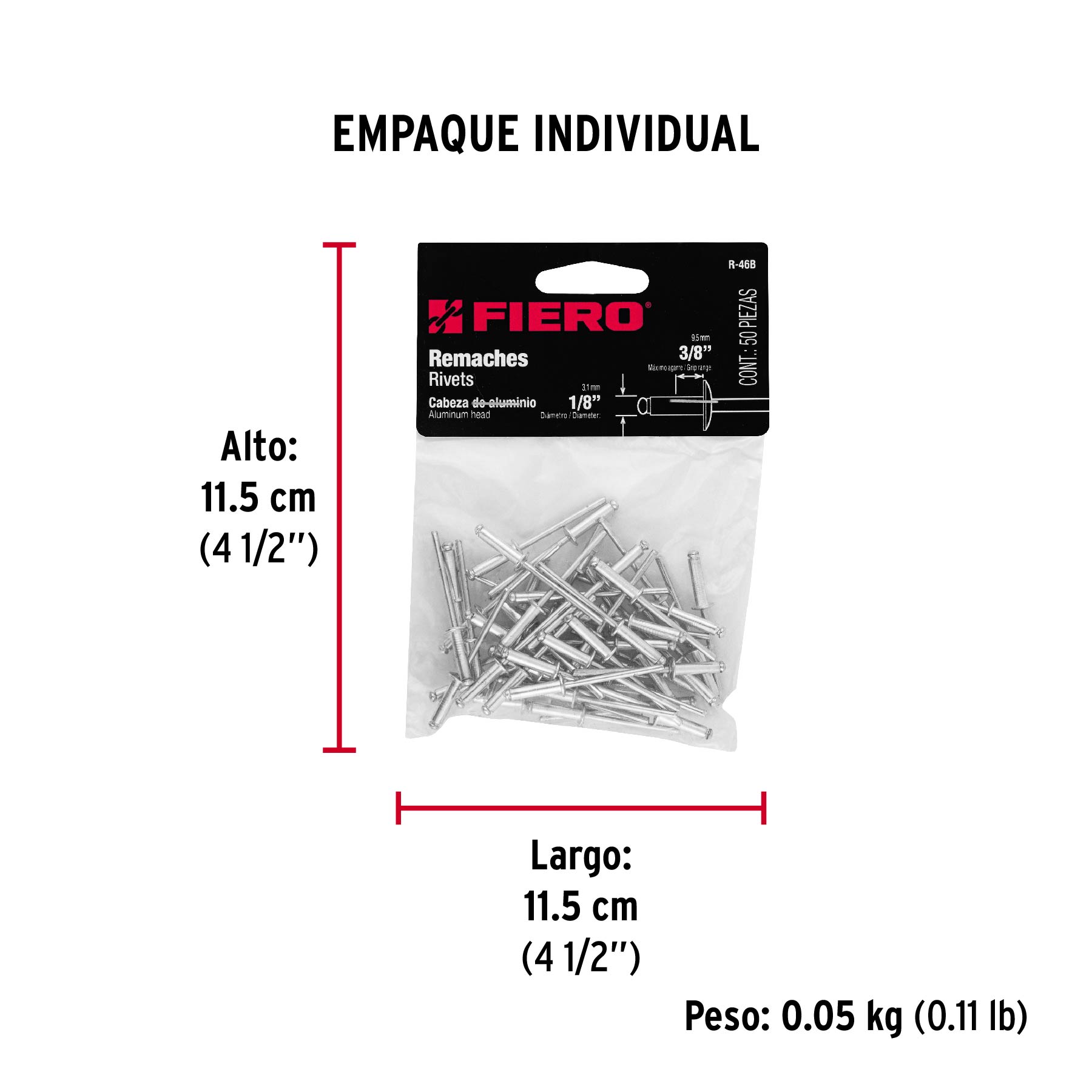 Bolsa con 50 remaches 1/8" x 3/8" de aluminio, ala 1/4 - Empaque