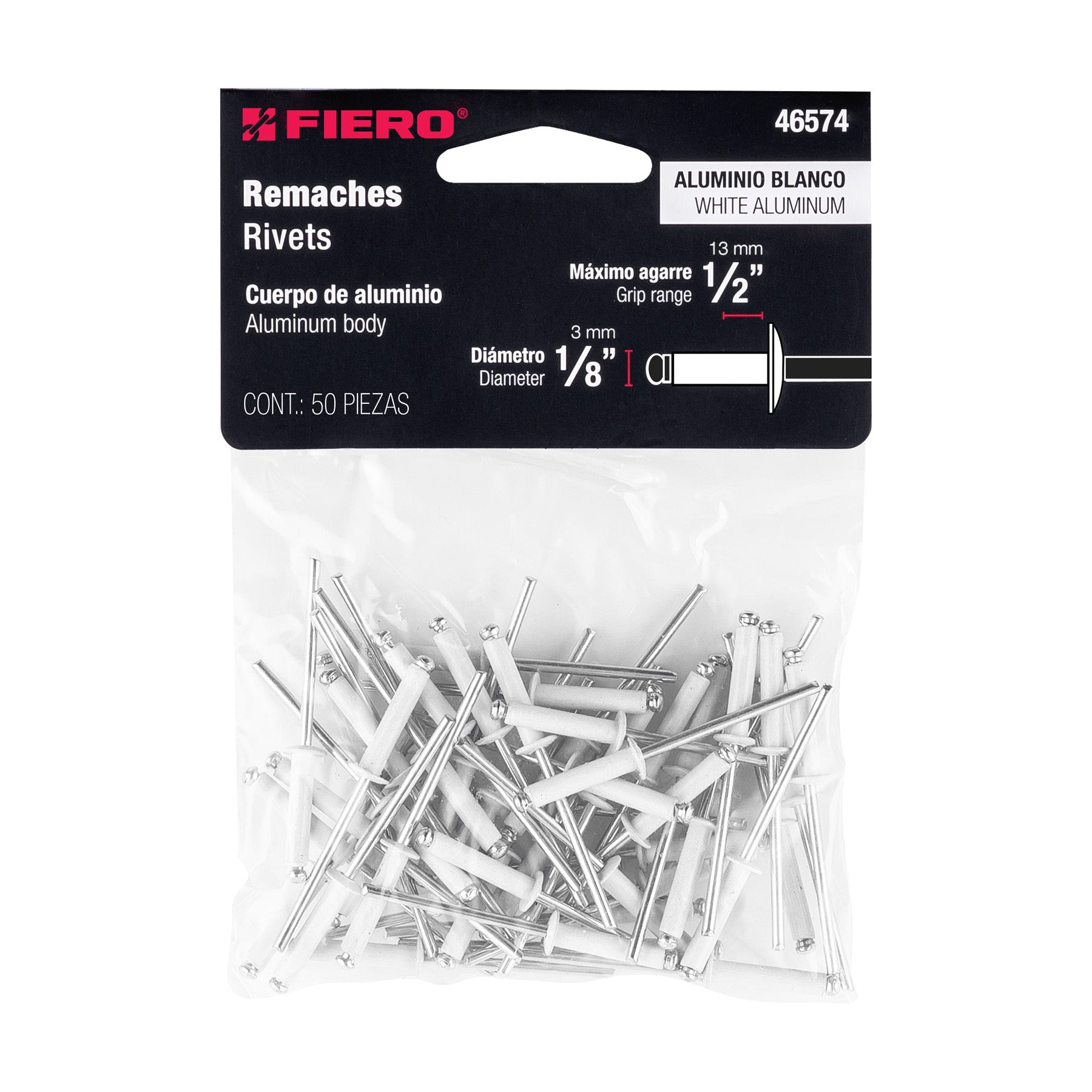 Bolsa c/50 remaches 1/8"x1/2" blancos de aluminio, ala 1/4"