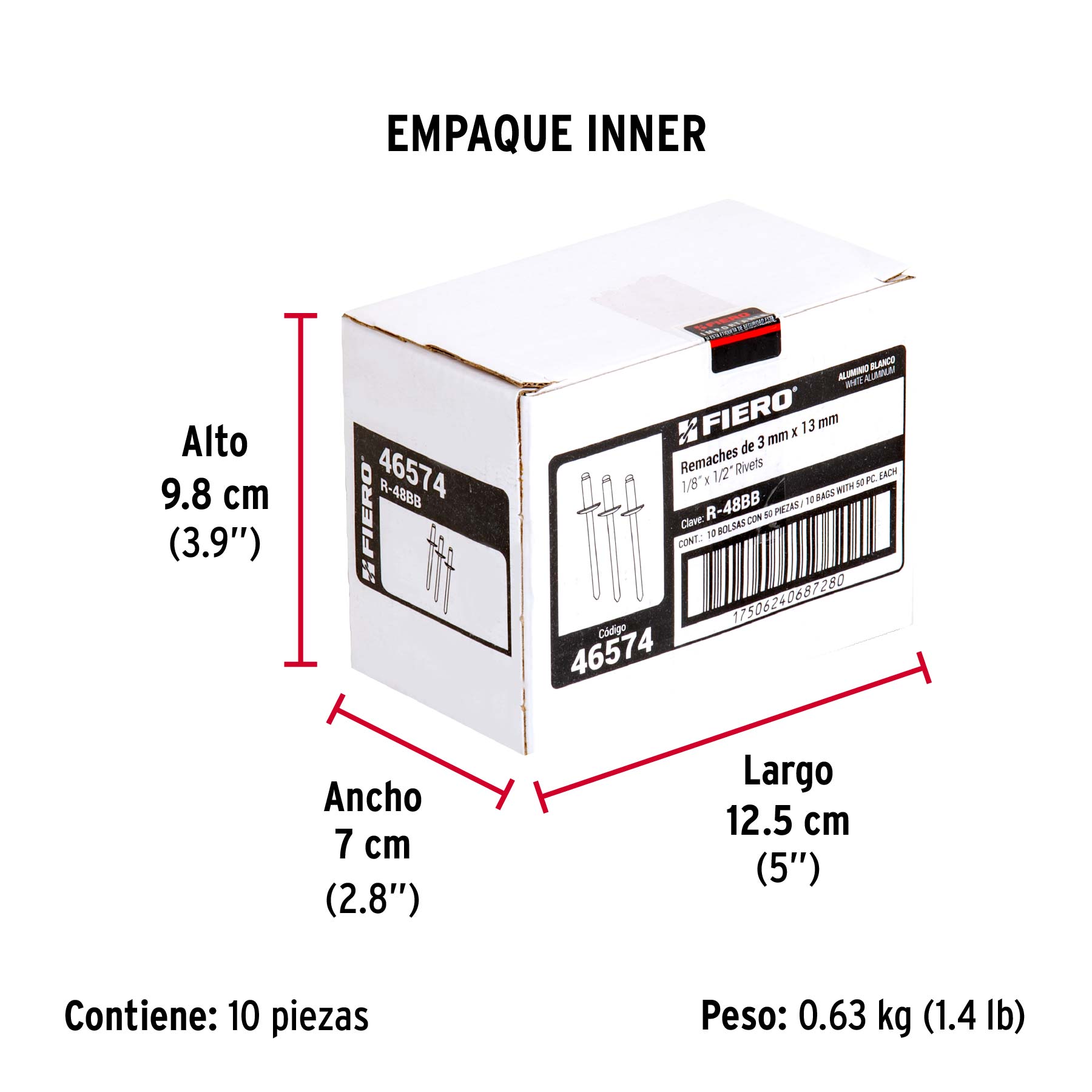 Bolsa c/50 remaches 1/8"x1/2" blancos de aluminio, ala 1/4" - Empaque
