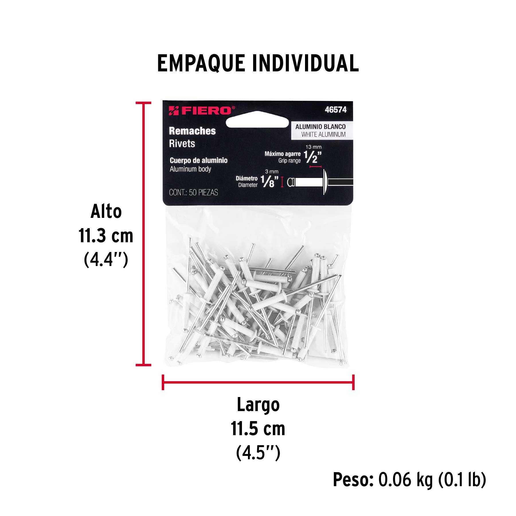Bolsa c/50 remaches 1/8"x1/2" blancos de aluminio, ala 1/4" - Empaque