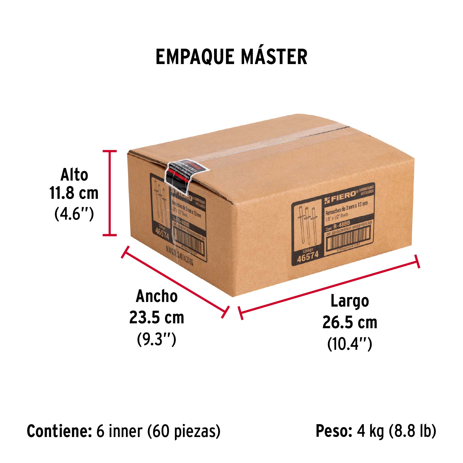 Bolsa c/50 remaches 1/8"x1/2" blancos de aluminio, ala 1/4" - Empaque