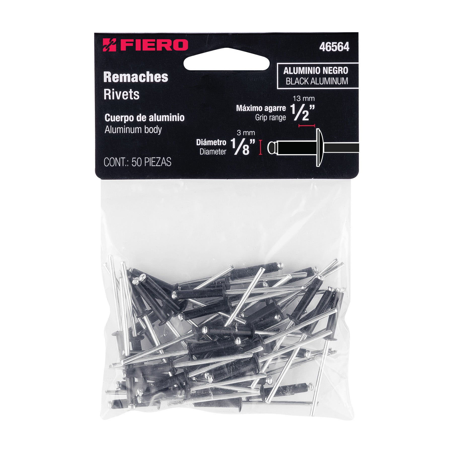 Bolsa c/50 remaches 1/8"x1/2" negros de aluminio, ala 1/4"
