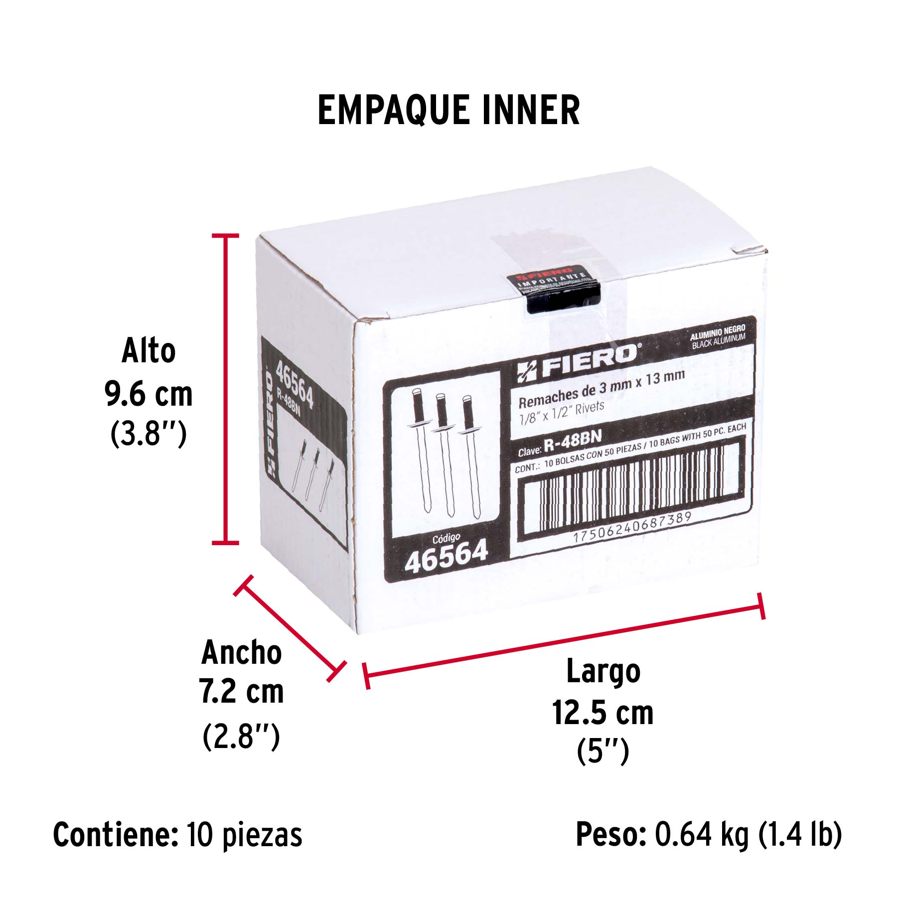 Bolsa c/50 remaches 1/8"x1/2" negros de aluminio, ala 1/4" - Empaque