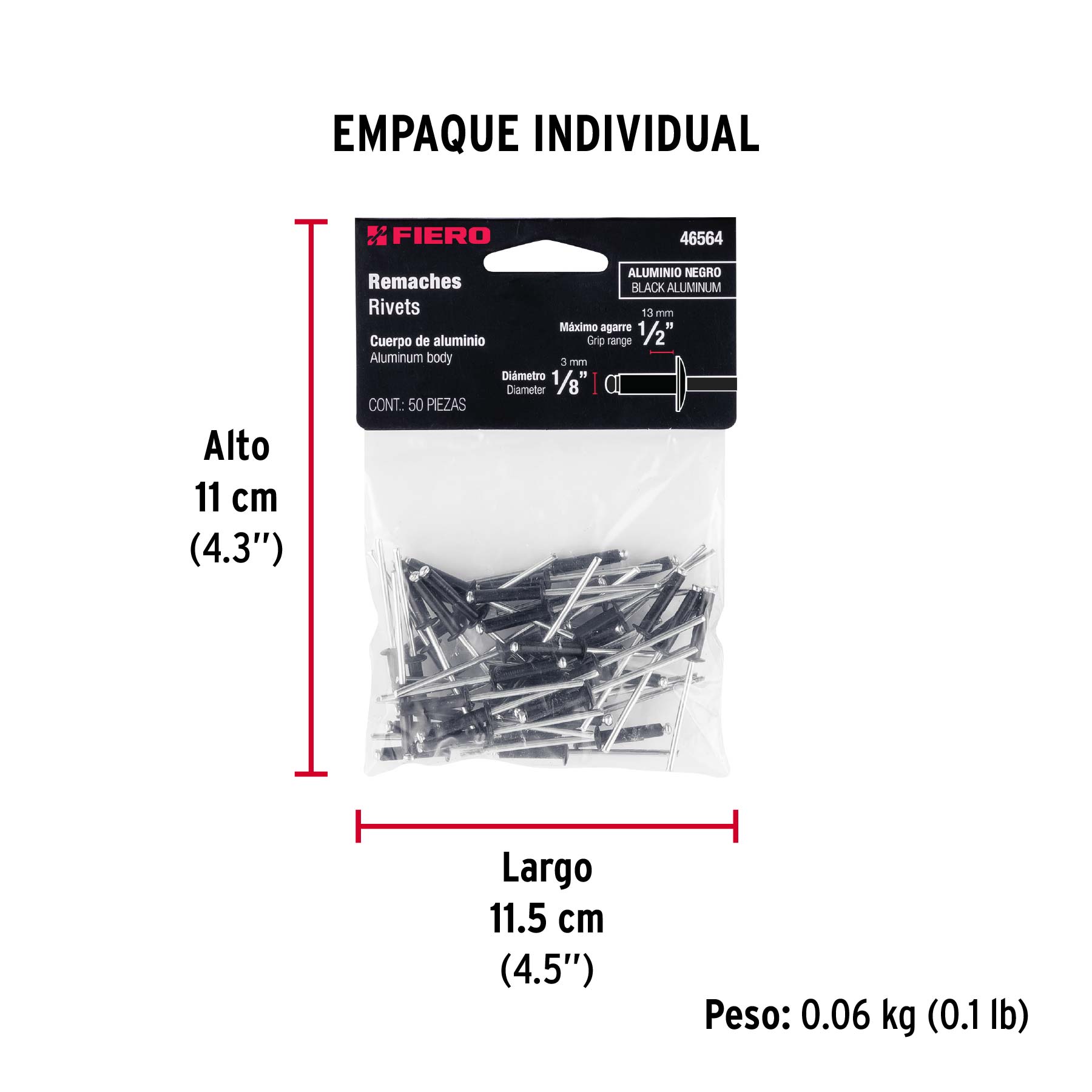 Bolsa c/50 remaches 1/8"x1/2" negros de aluminio, ala 1/4" - Empaque