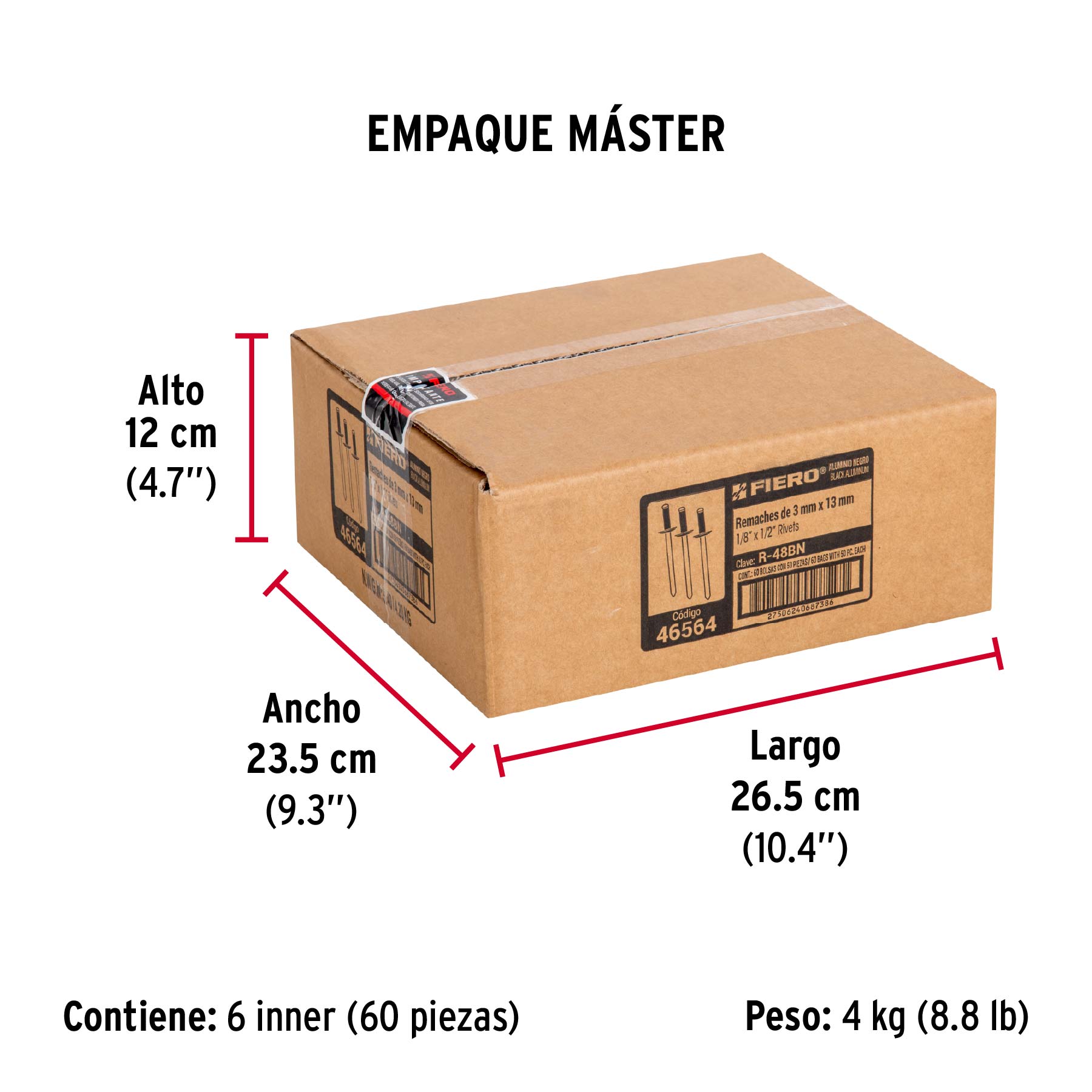 Bolsa c/50 remaches 1/8"x1/2" negros de aluminio, ala 1/4" - Empaque