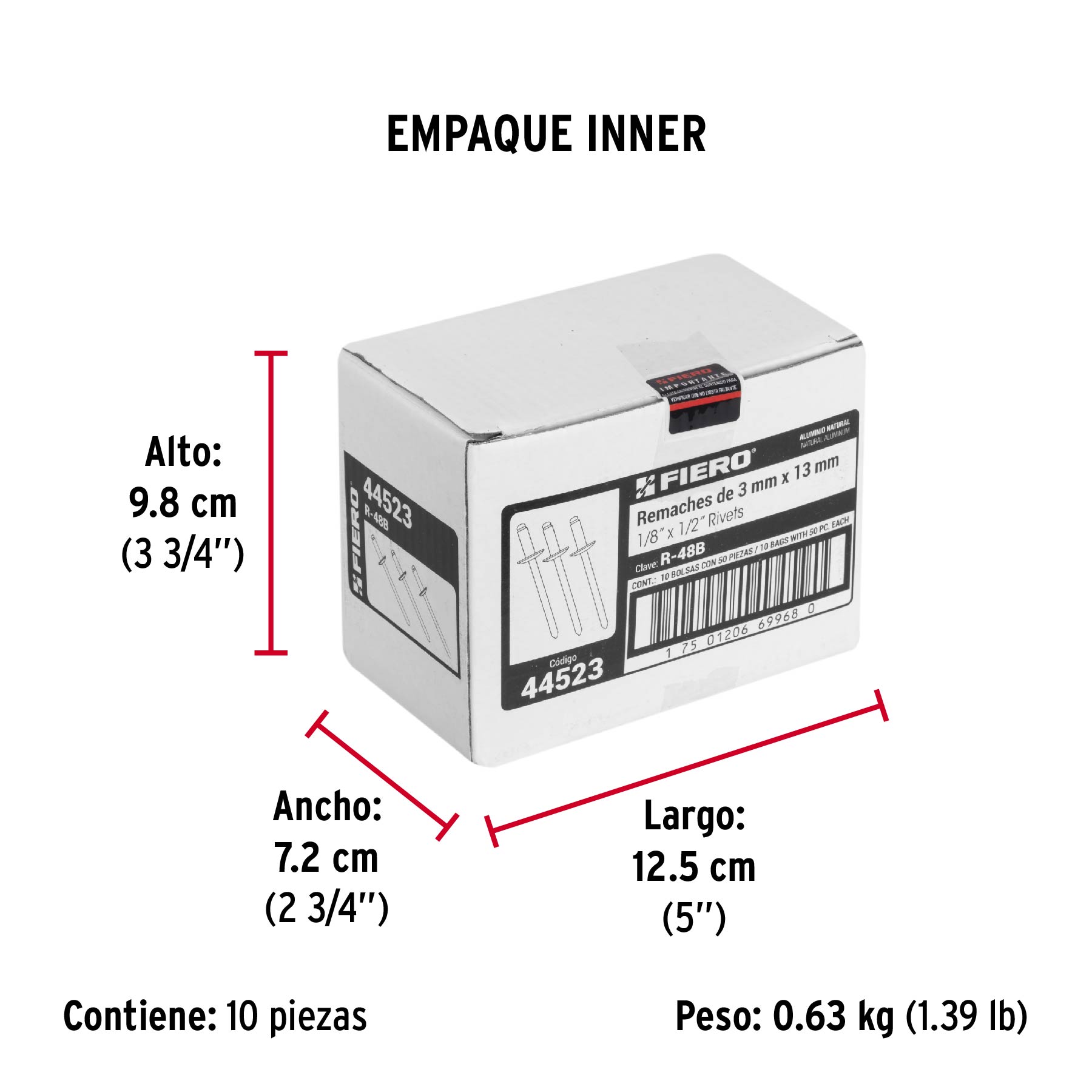 Bolsa con 50 remaches 1/8" x 1/2" de aluminio, ala 1/4 - Empaque