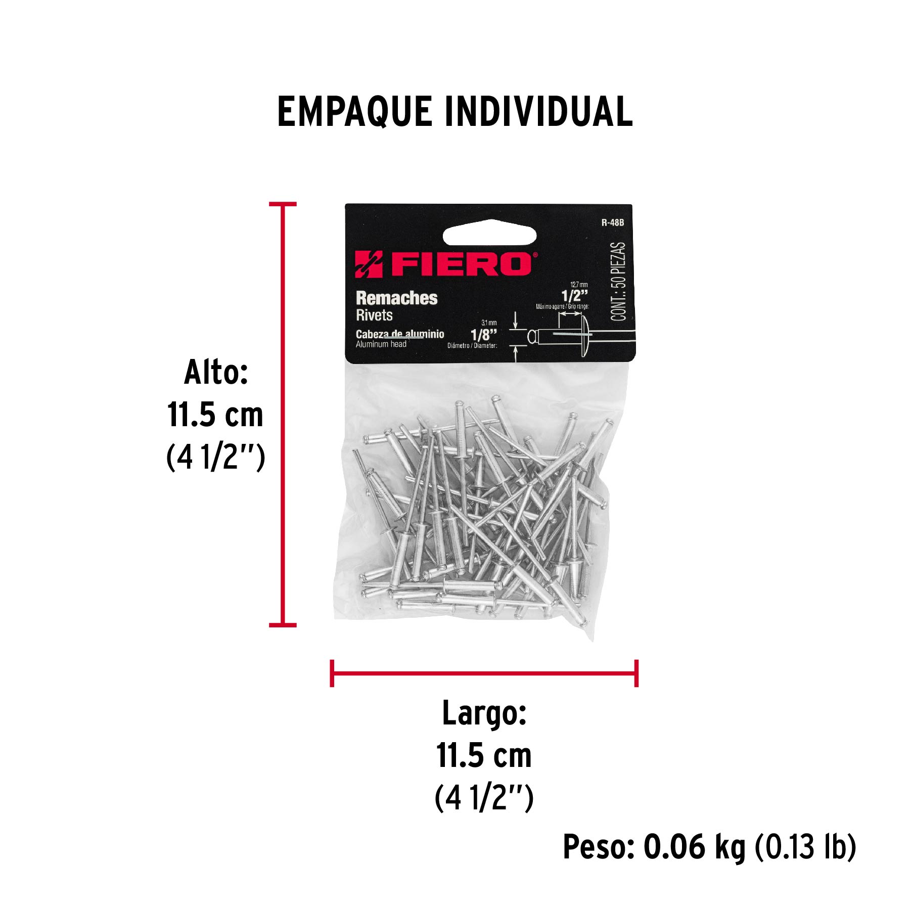 Bolsa con 50 remaches 1/8" x 1/2" de aluminio, ala 1/4 - Empaque