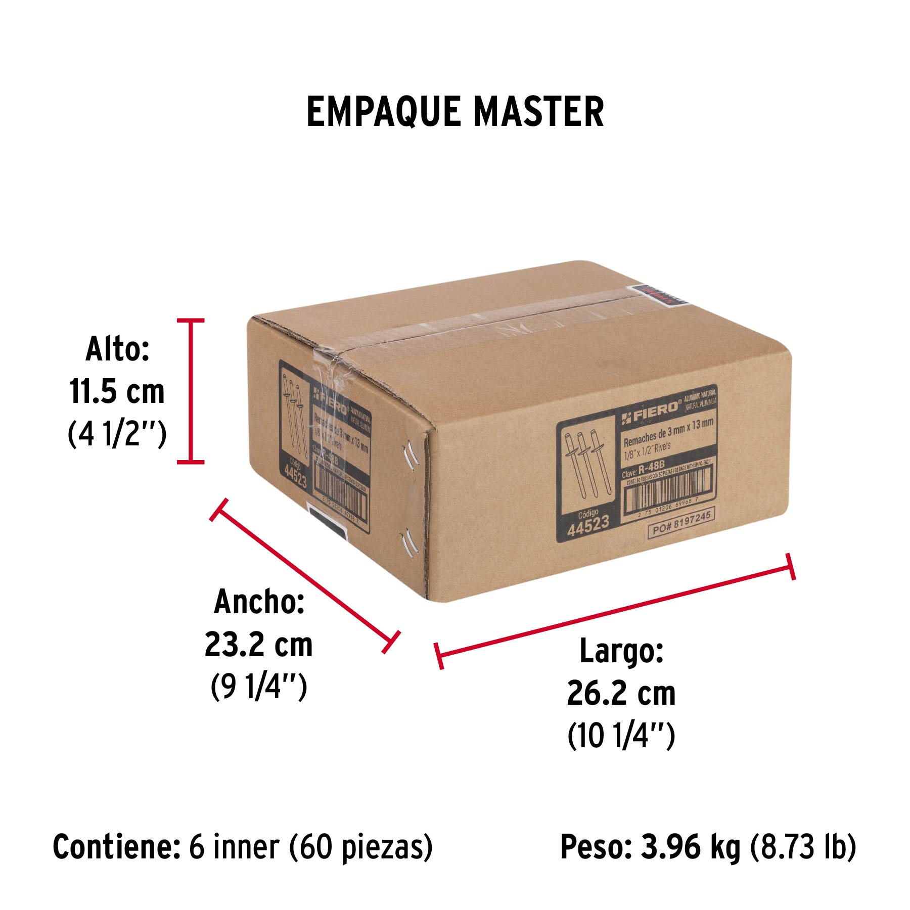 Bolsa con 50 remaches 1/8" x 1/2" de aluminio, ala 1/4 - Empaque
