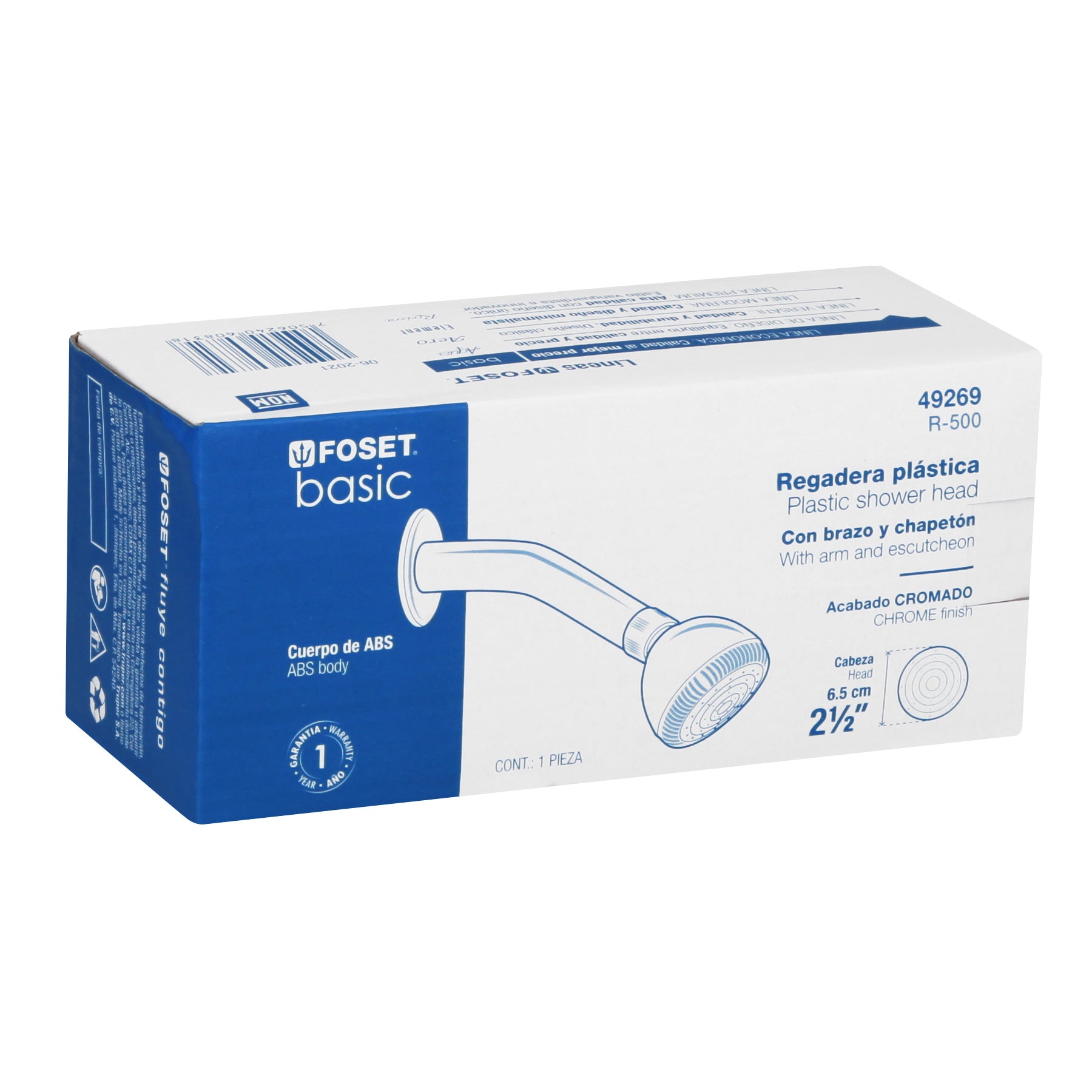 Regadera plástica redonda 2-1/2" blanca, FOSET BASIC