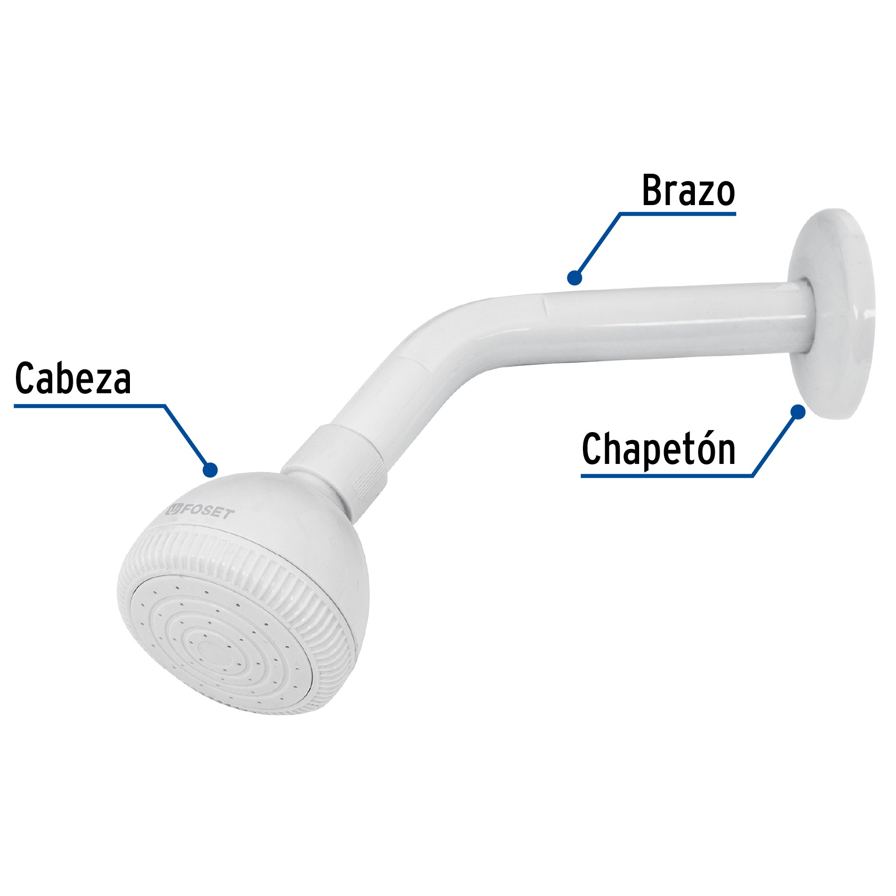 Regadera plástica redonda 2-1/2" blanca, FOSET BASIC