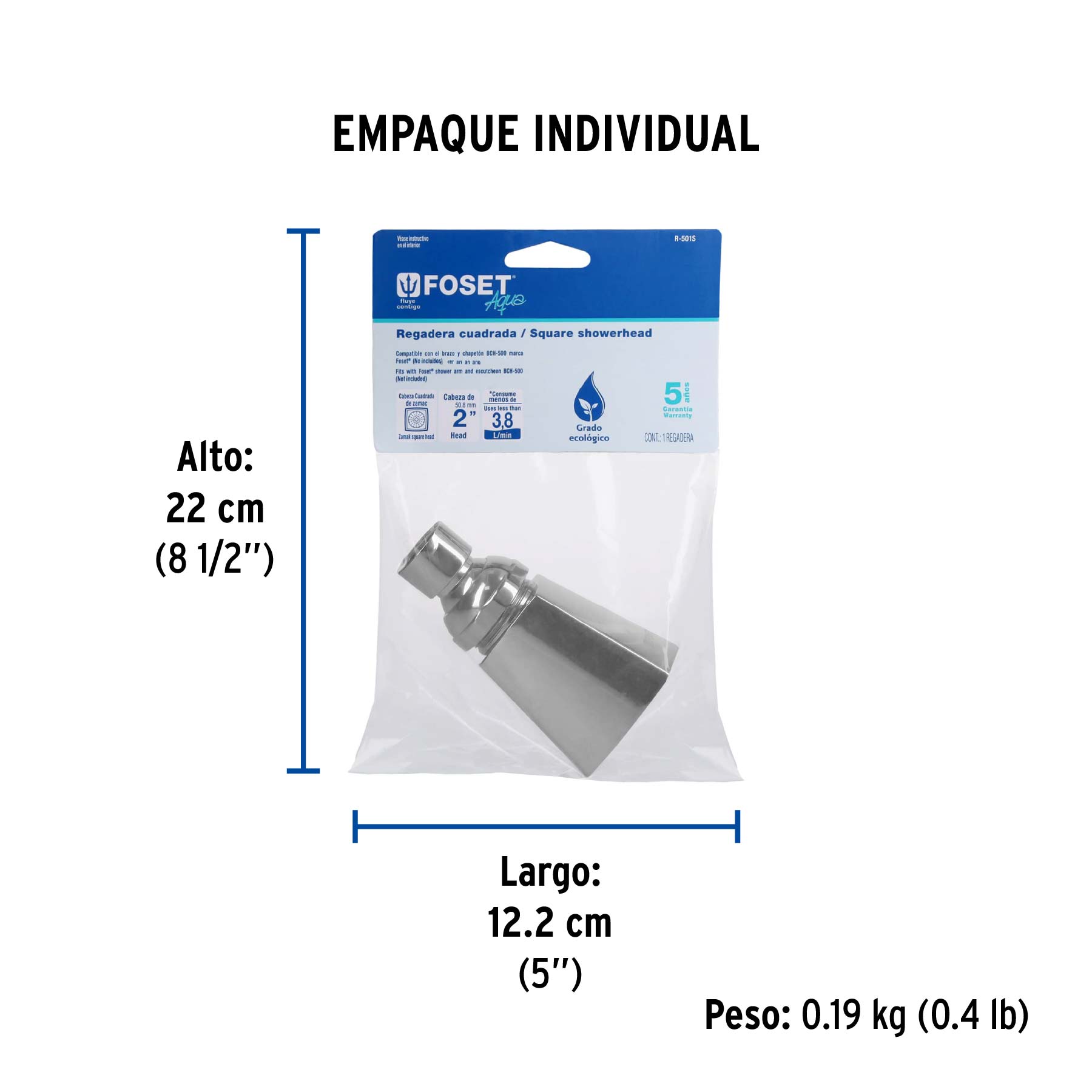 Regadera redonda 2", metálica, sin brazo, cromo, AQUA - Empaque