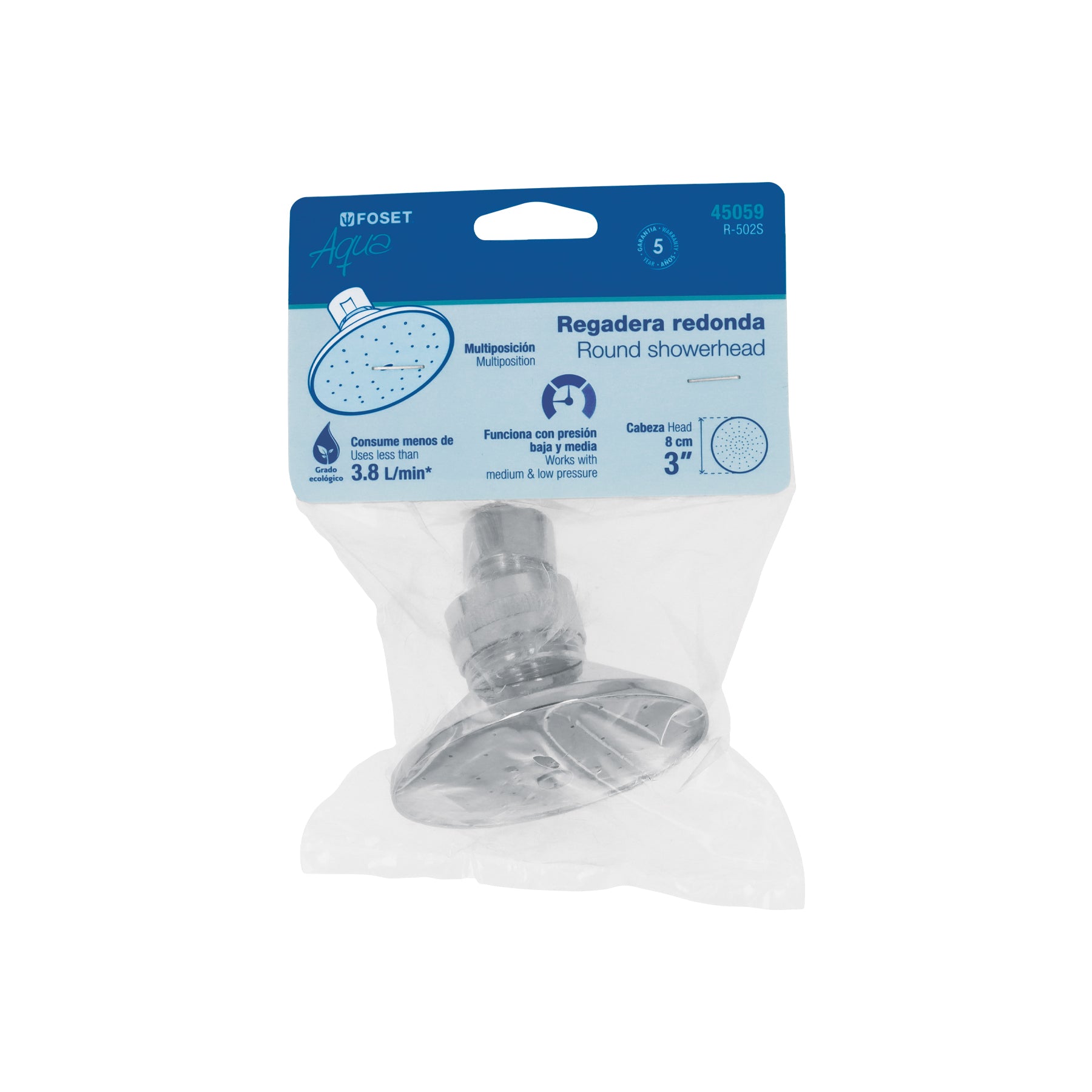 Regadera redonda 3", metálica, sin brazo, cromo, AQUA