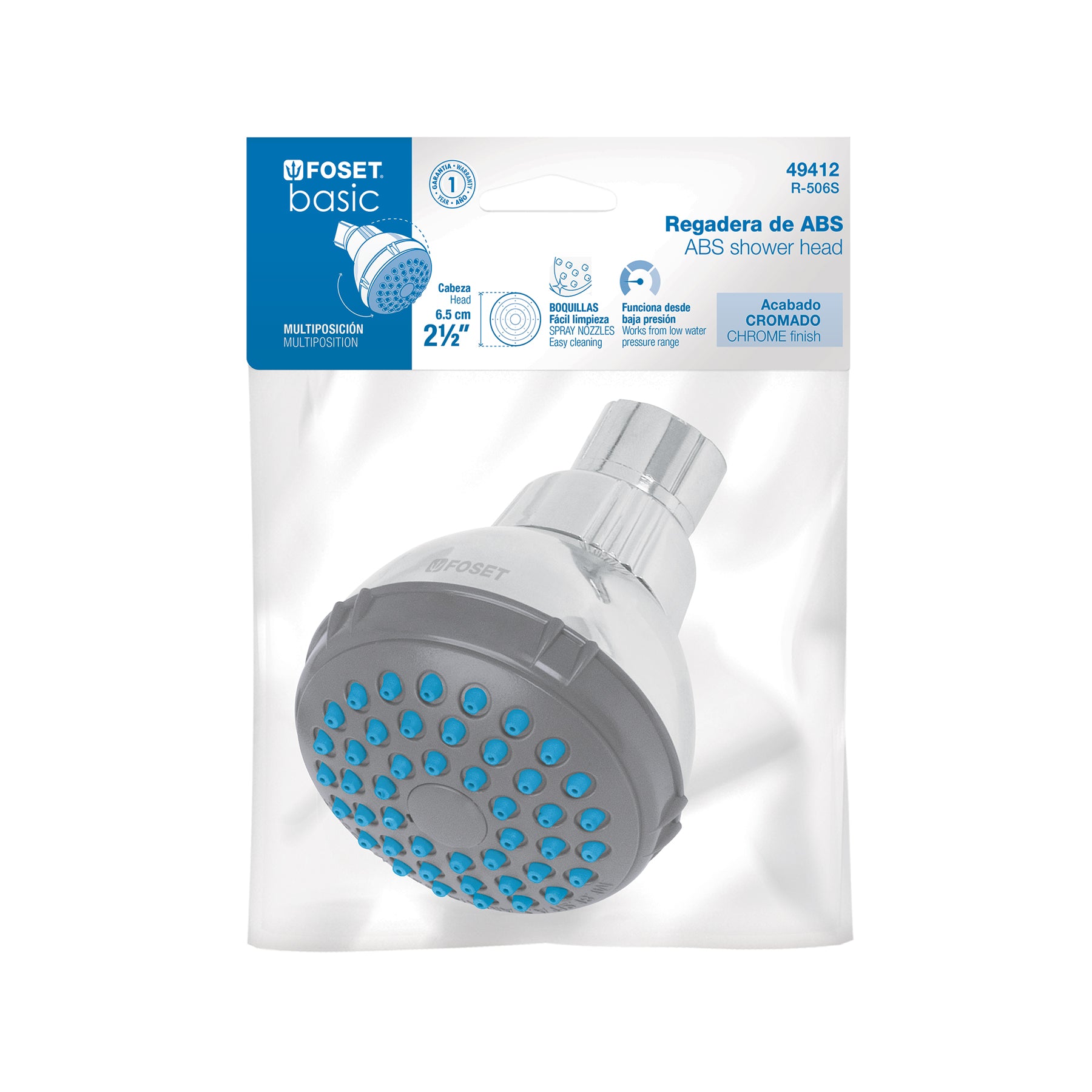 Regadera redonda de ABS 2-1/2" gris-cromo sin brazo, BASIC