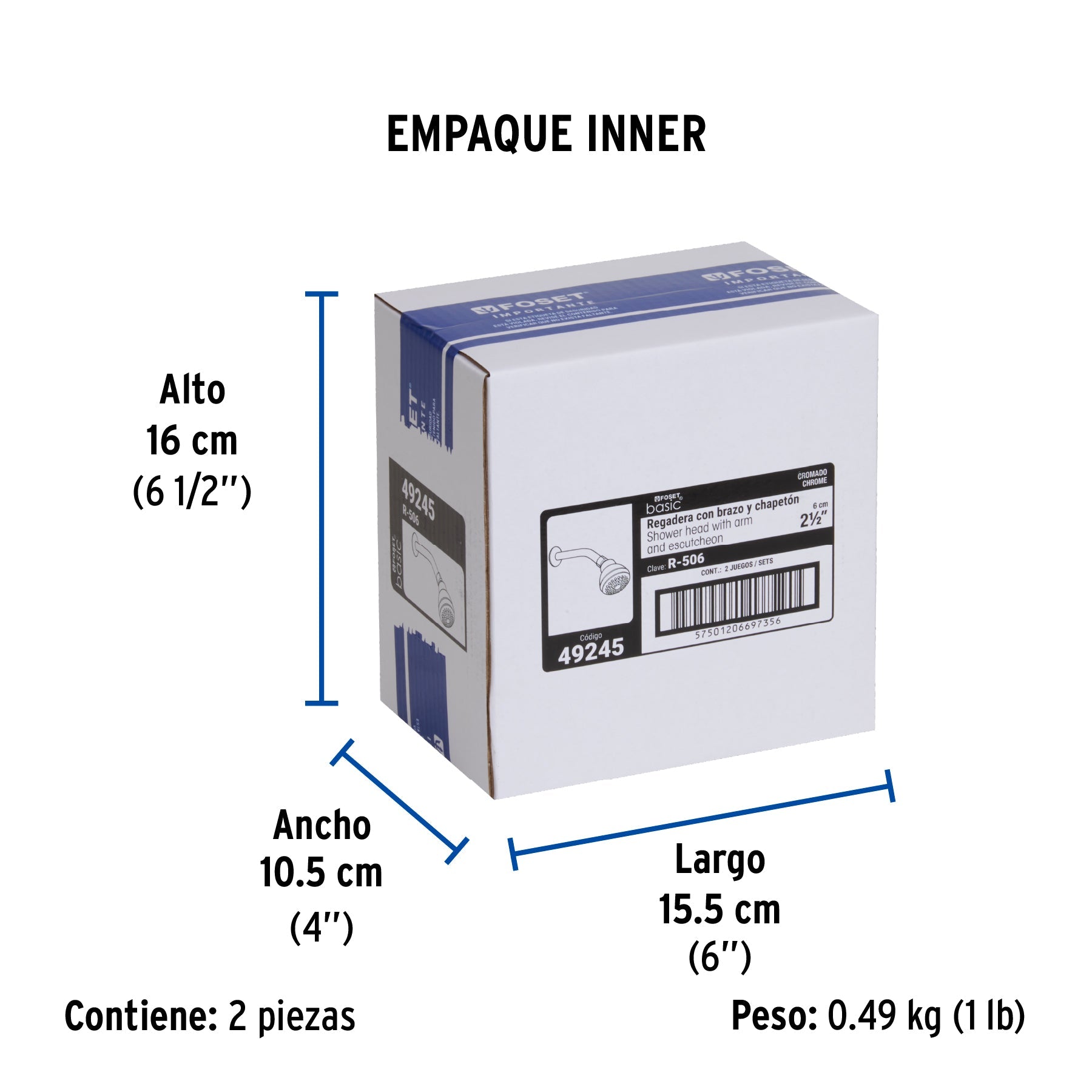Regadera redonda 2-1/2" brazo y chapetón de acero, BASIC - Empaque