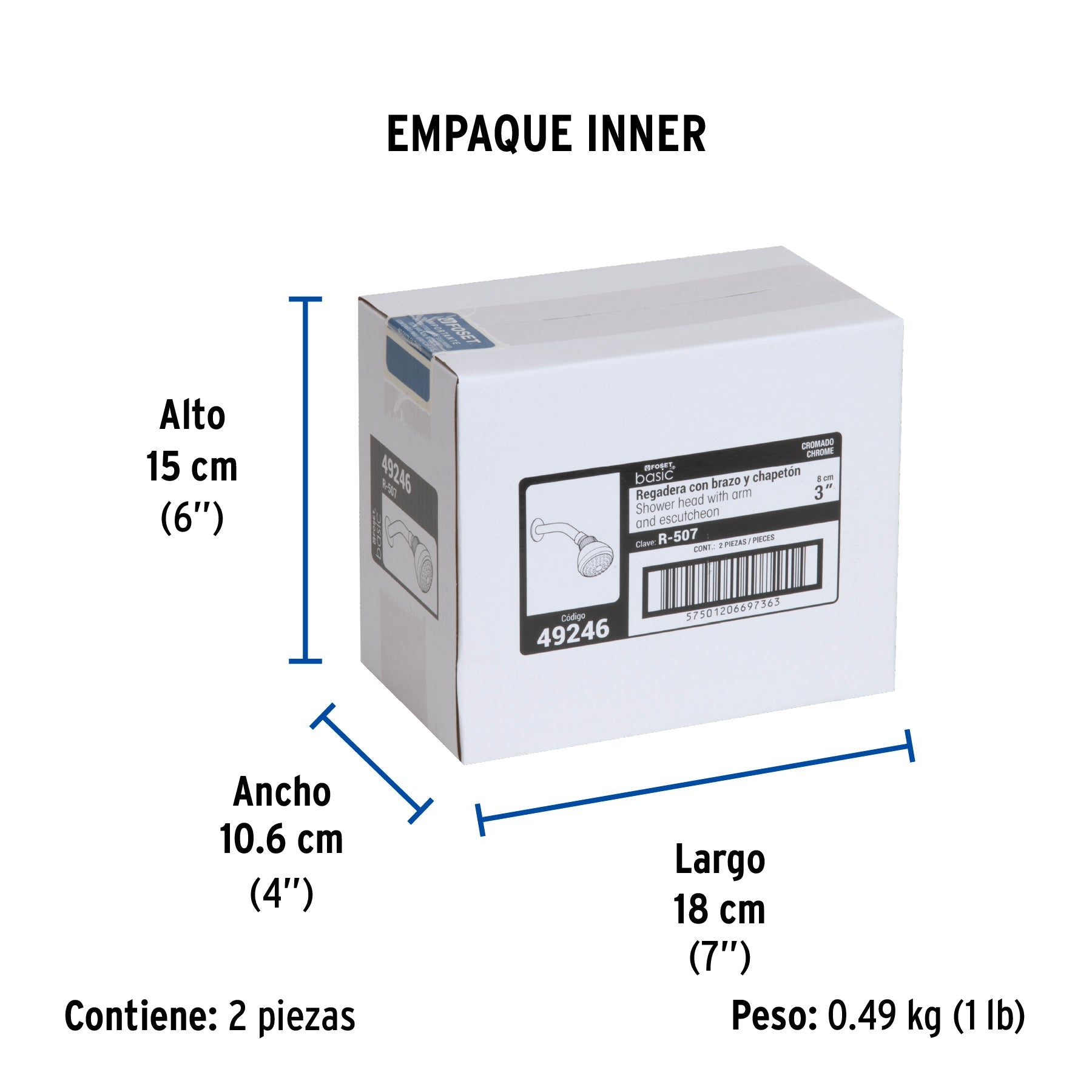 Regadera redonda 3" brazo y chapetón de acero, FOSET BASIC - Empaque