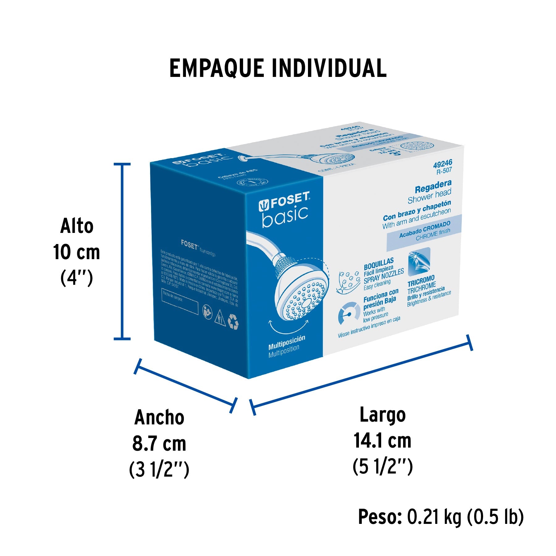 Regadera redonda 3" brazo y chapetón de acero, FOSET BASIC - Empaque