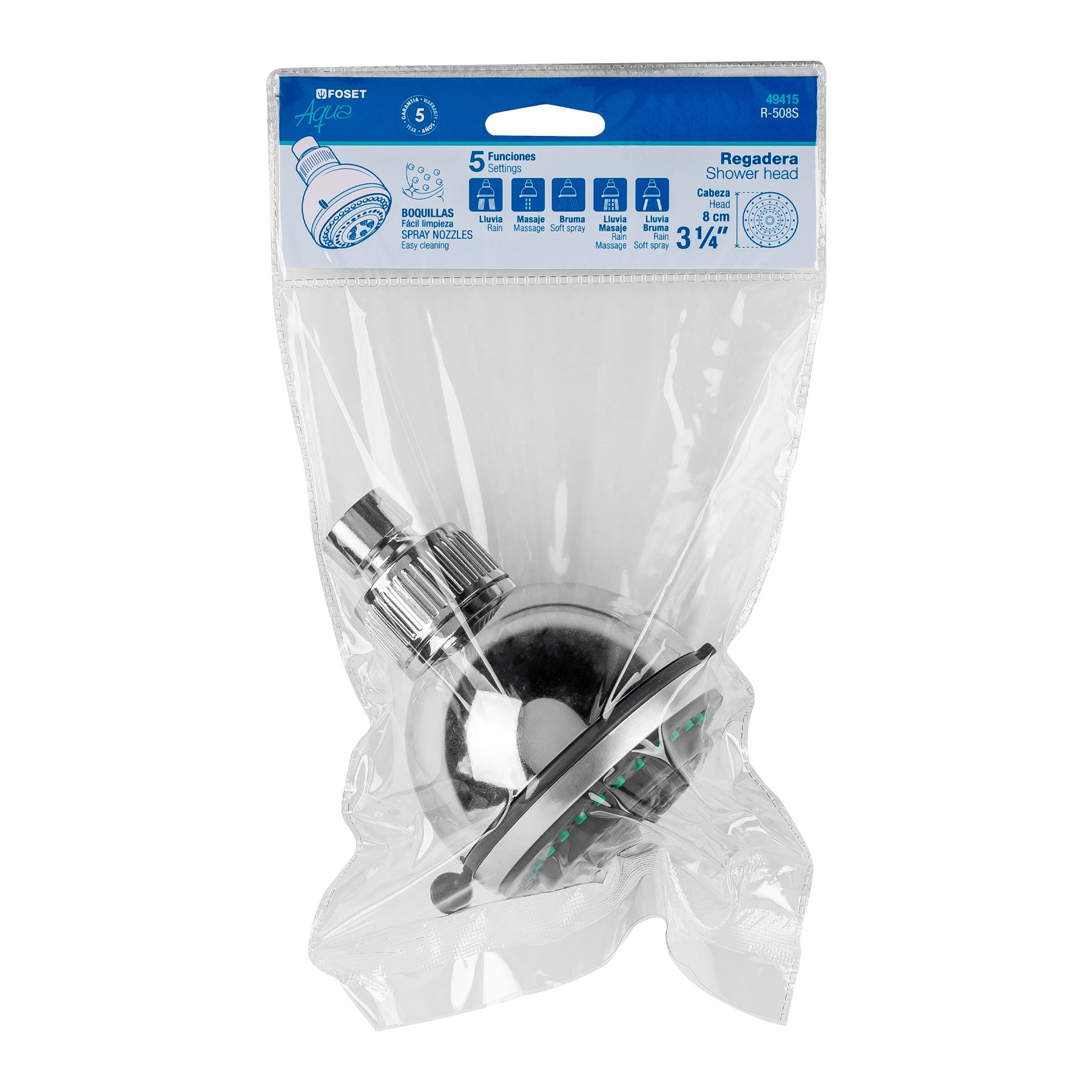 Regadera redonda 3-1/4", 5 funciones, sin brazo, FOSET AQUA