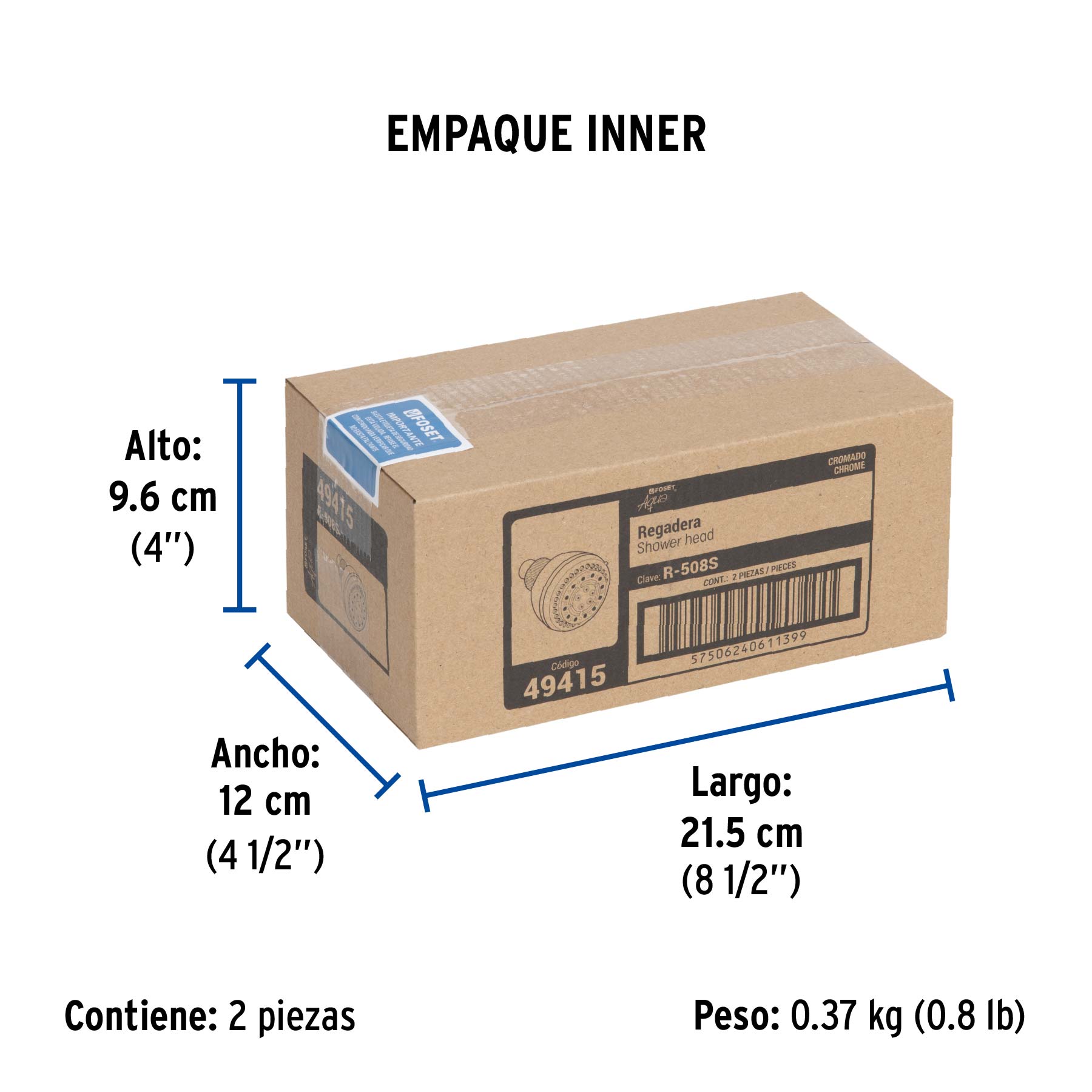 Regadera redonda 3-1/4", 5 funciones, sin brazo, FOSET AQUA - Empaque