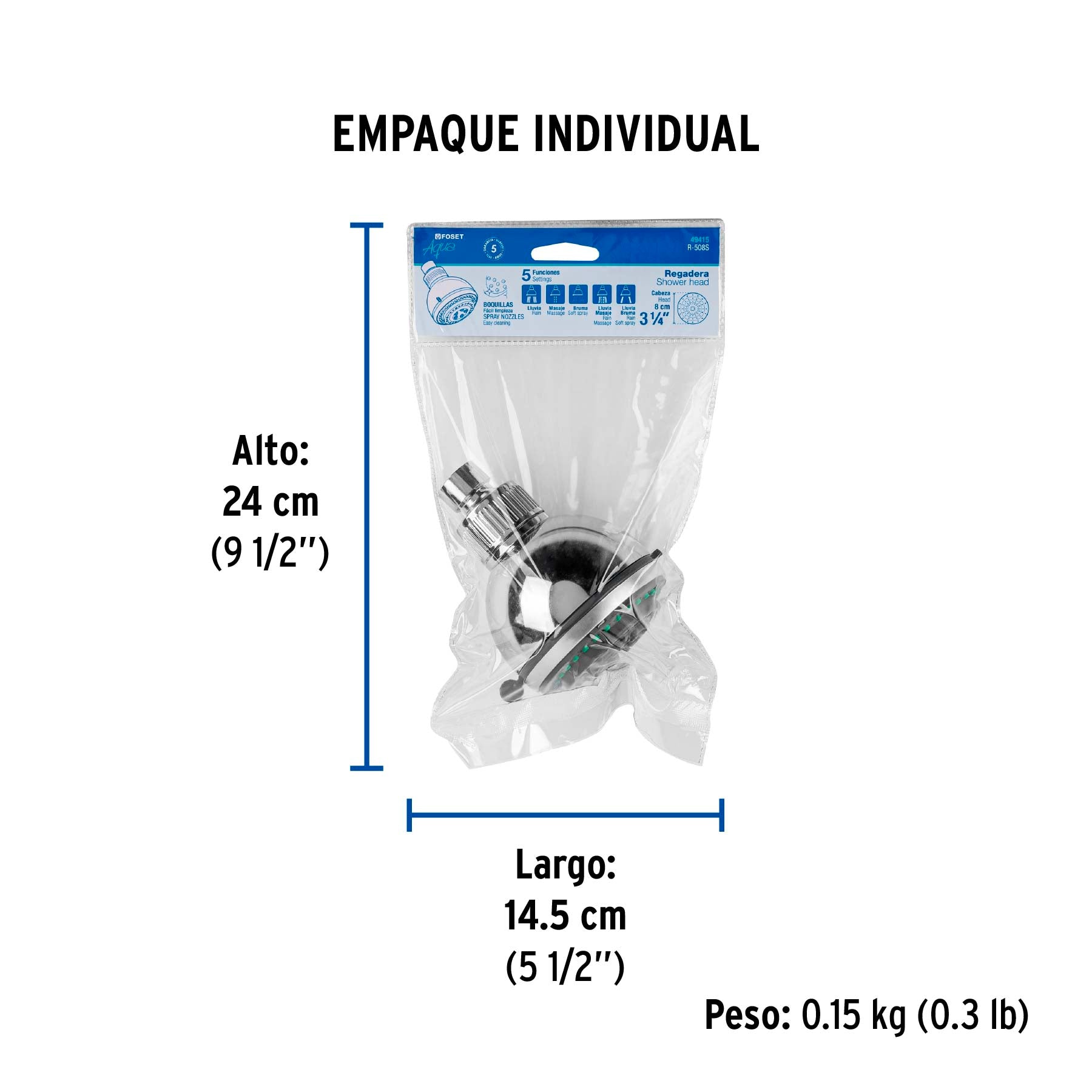 Regadera redonda 3-1/4", 5 funciones, sin brazo, FOSET AQUA - Empaque