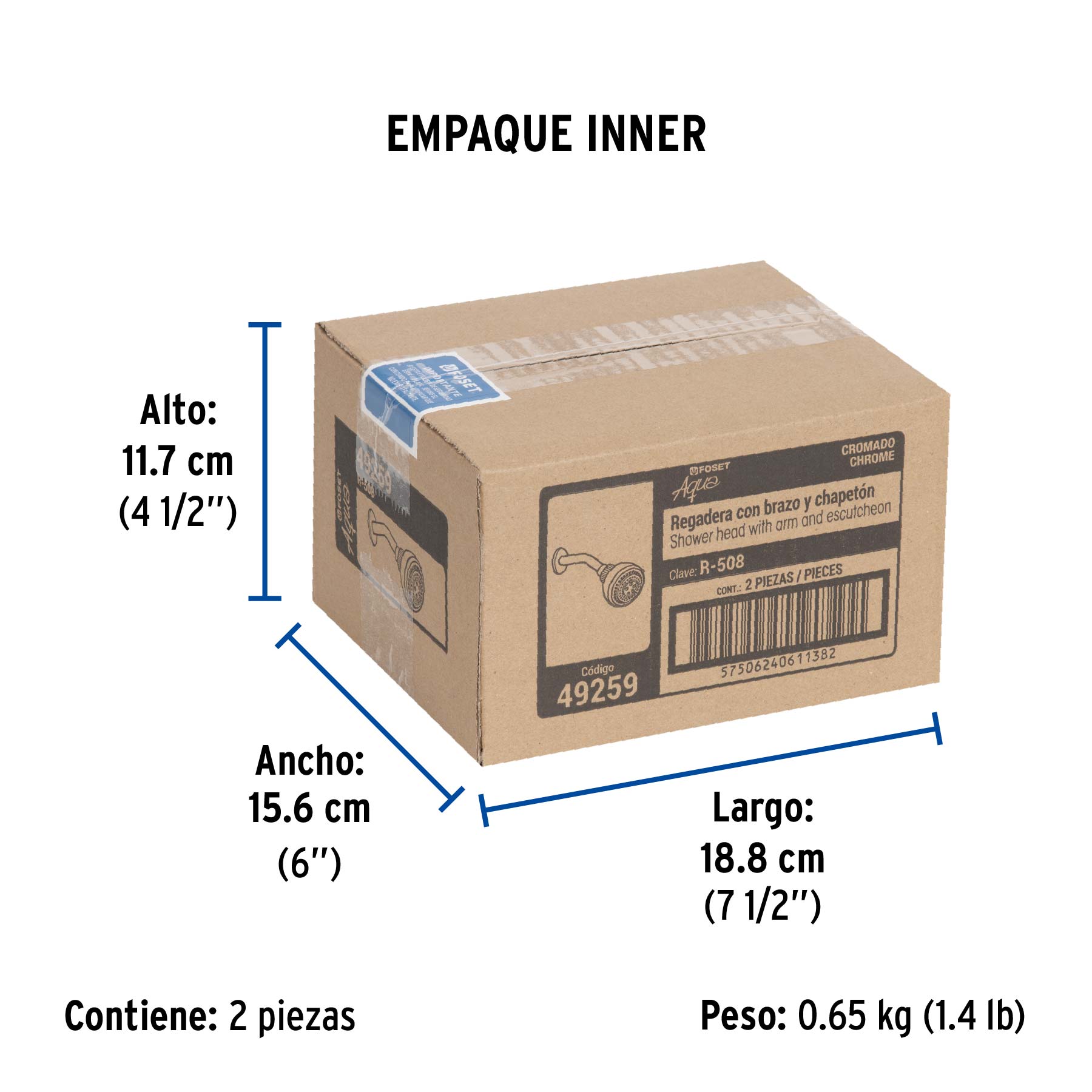 Regadera 3-1/4", 5 funciones, brazo y chapetón, FOSET AQUA - Empaque