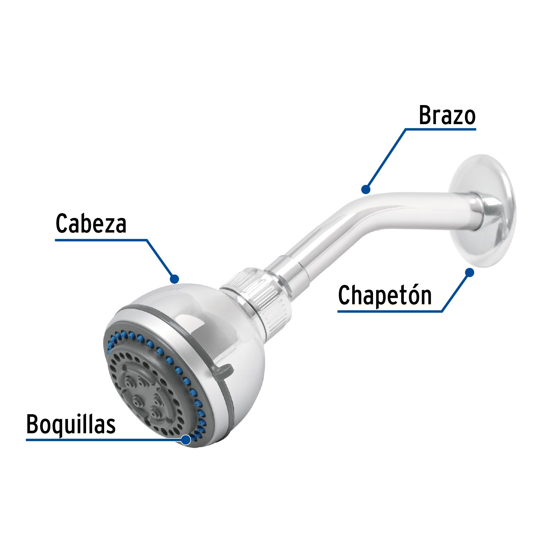 Regadera 3-1/4", 5 funciones, brazo y chapetón, FOSET AQUA