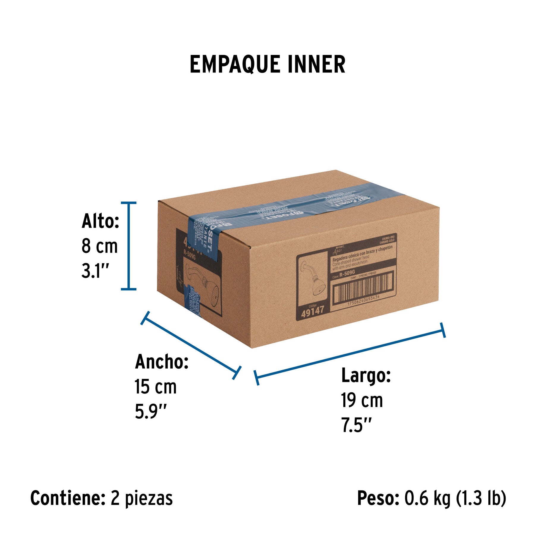 Regadera cónica 2-1/2",metálica, brazo y chapetón, cromo-oro - Empaque