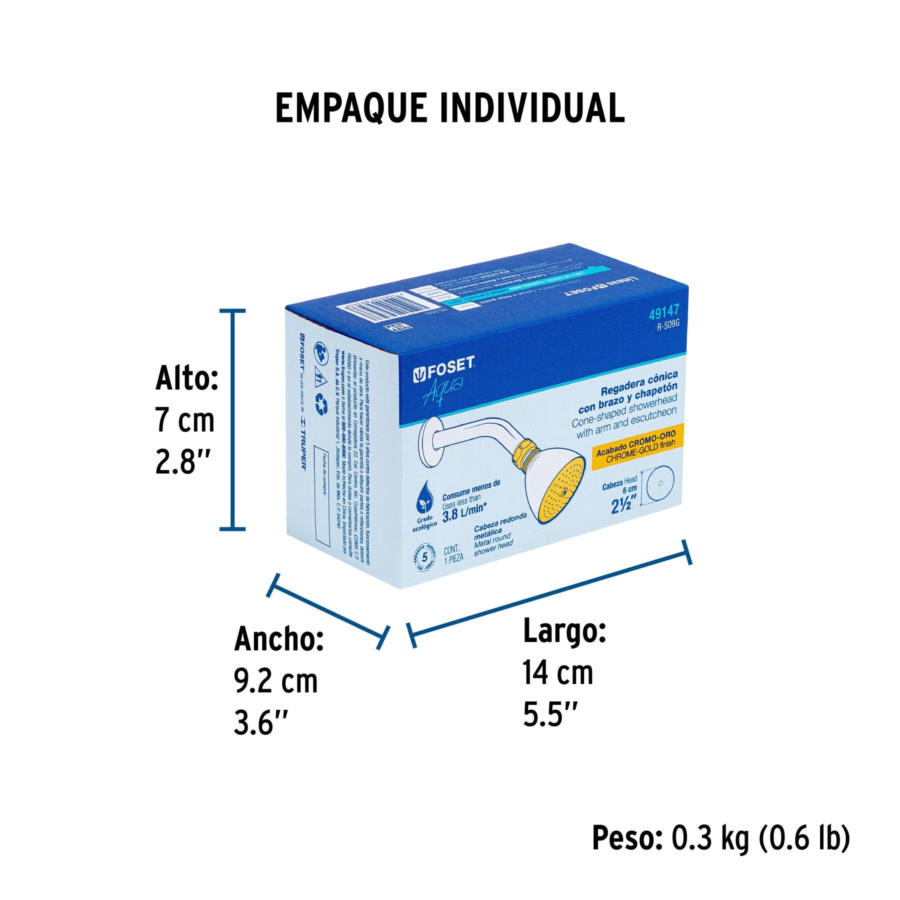 Regadera cónica 2-1/2",metálica, brazo y chapetón, cromo-oro - Empaque