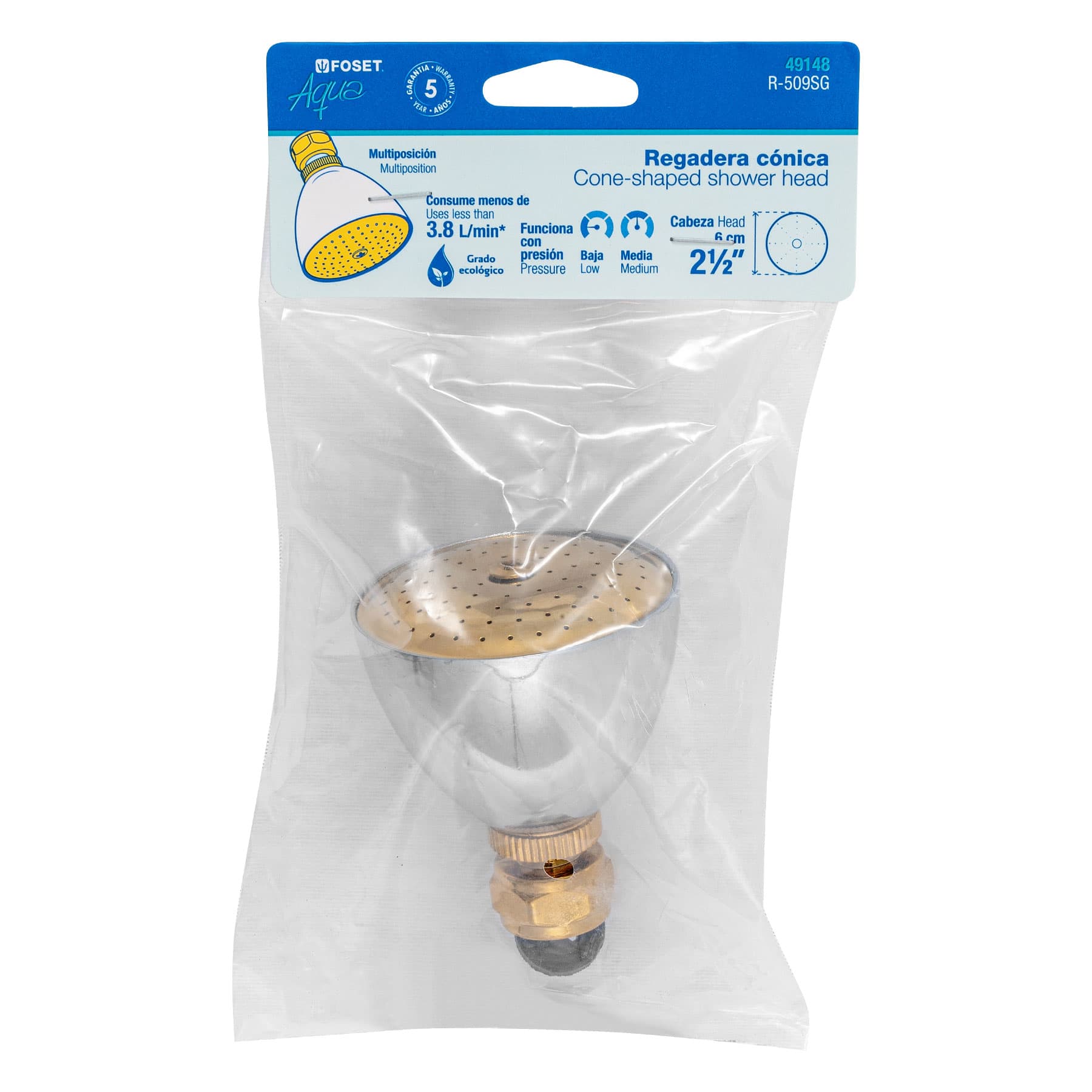 Regadera cónica 2-1/2", metálica, sin brazo, cromo-oro, AQUA
