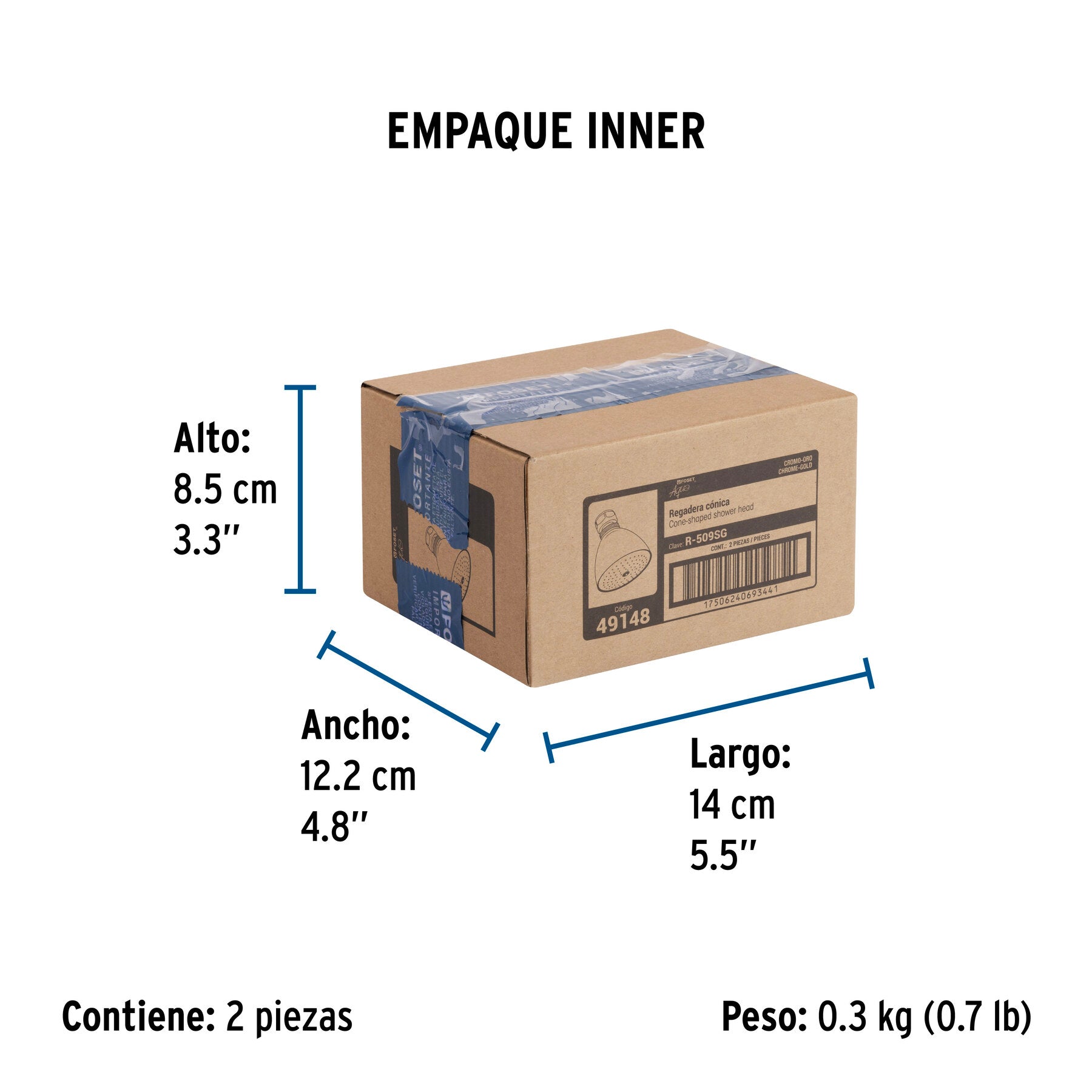 Regadera cónica 2-1/2", metálica, sin brazo, cromo-oro, AQUA - Empaque
